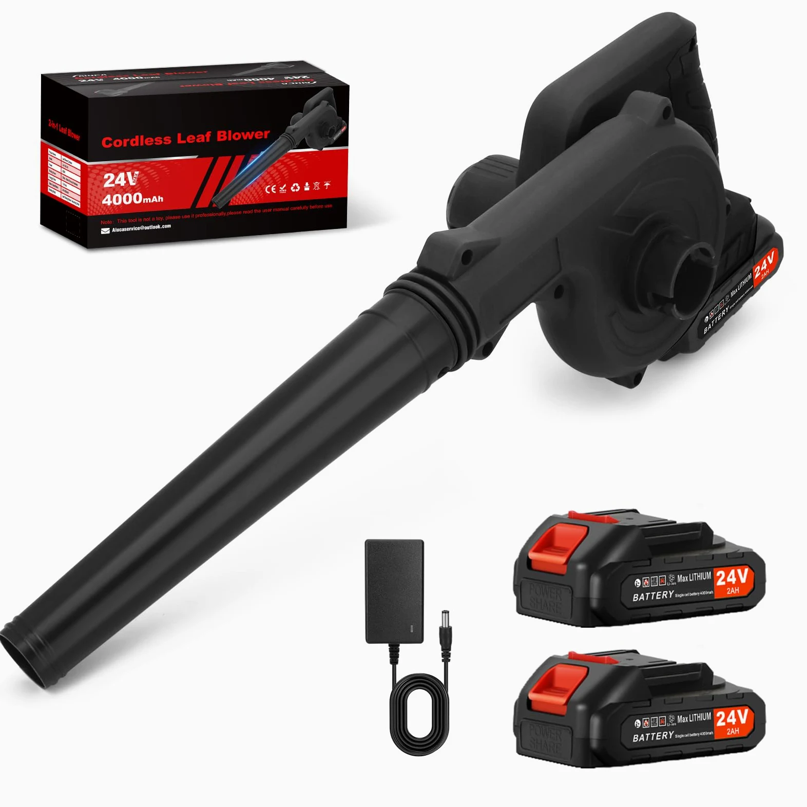 Soffiatore a Batteria Senza Fili 24V – Motore Brushless, 2 Batterie 2000mAh Incluse + Caricabatterie – Leggero e Portatile, per Giardino, Terrazza, Garage, Neve, Polvere e Peli di Animali(Nero)