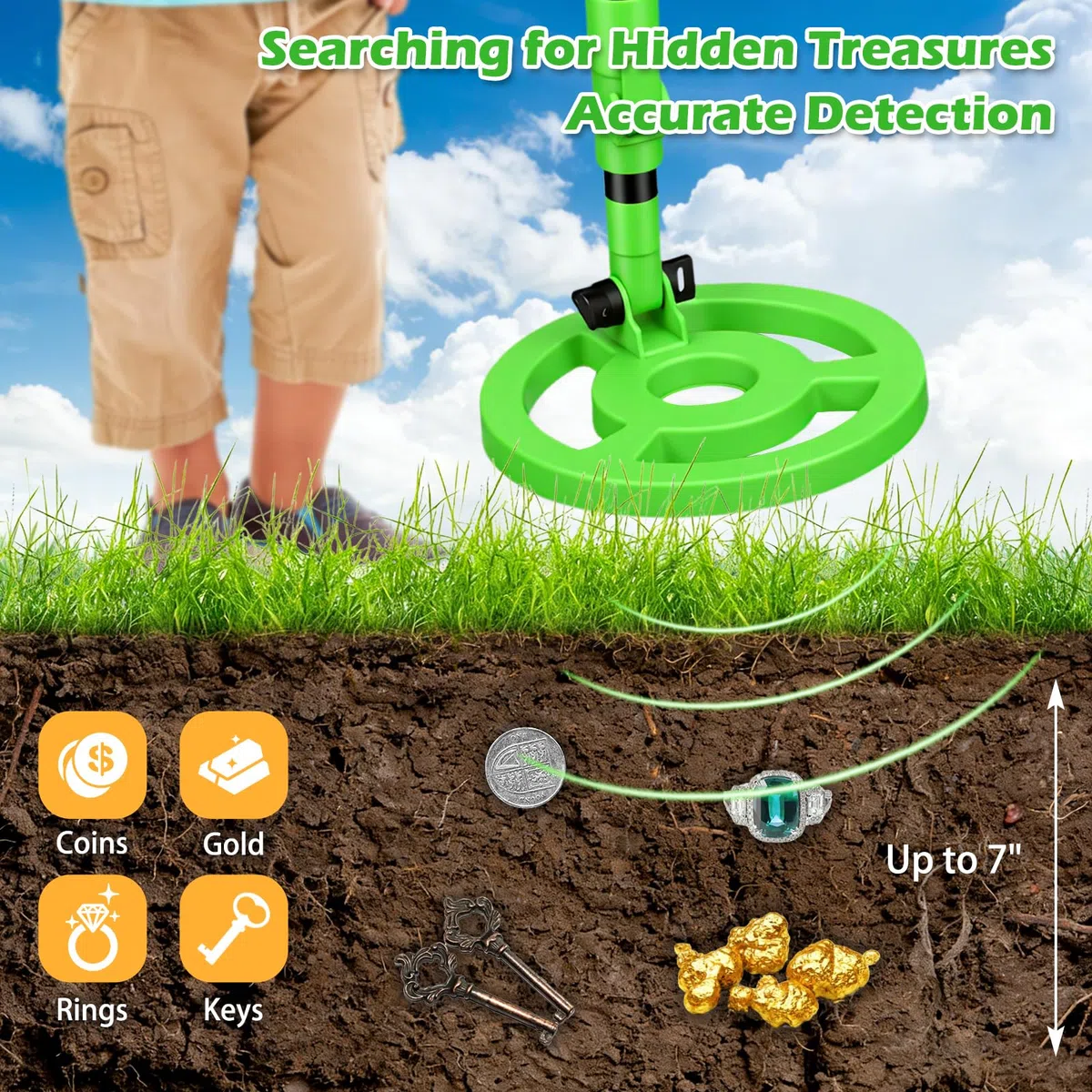 Metal Detector per bambini, rilevatore di metalli ad alta precisione con display LCD, rivelatore metallico leggero per bambini con manico regolabile, bobina di ricerca impermeabile da 6 pollici, verde
