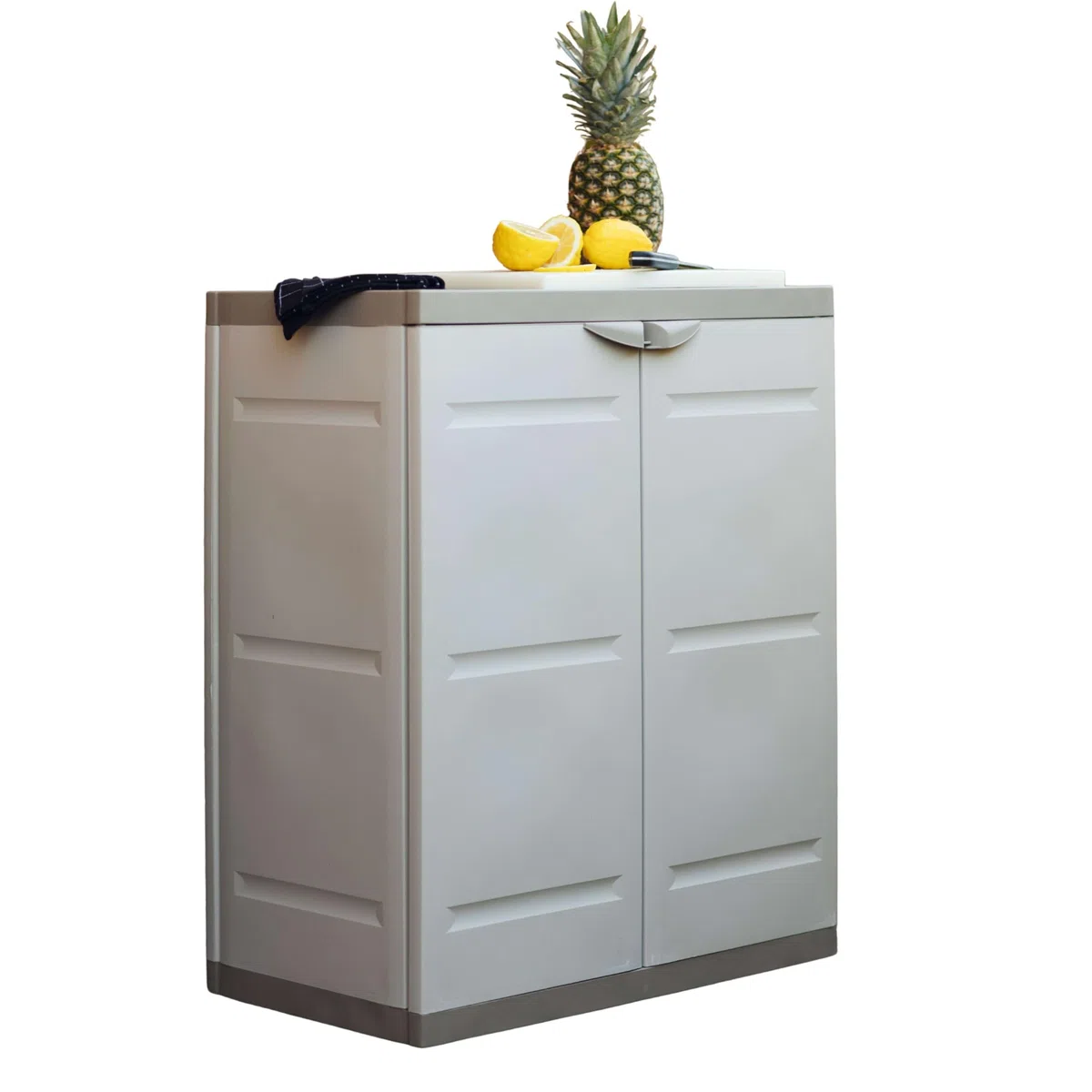 Miroytengo Armadio 2 ante e 2 ripiani interni, armadio basso esterno, armadio in resina titanio beige 70x88x41 cm