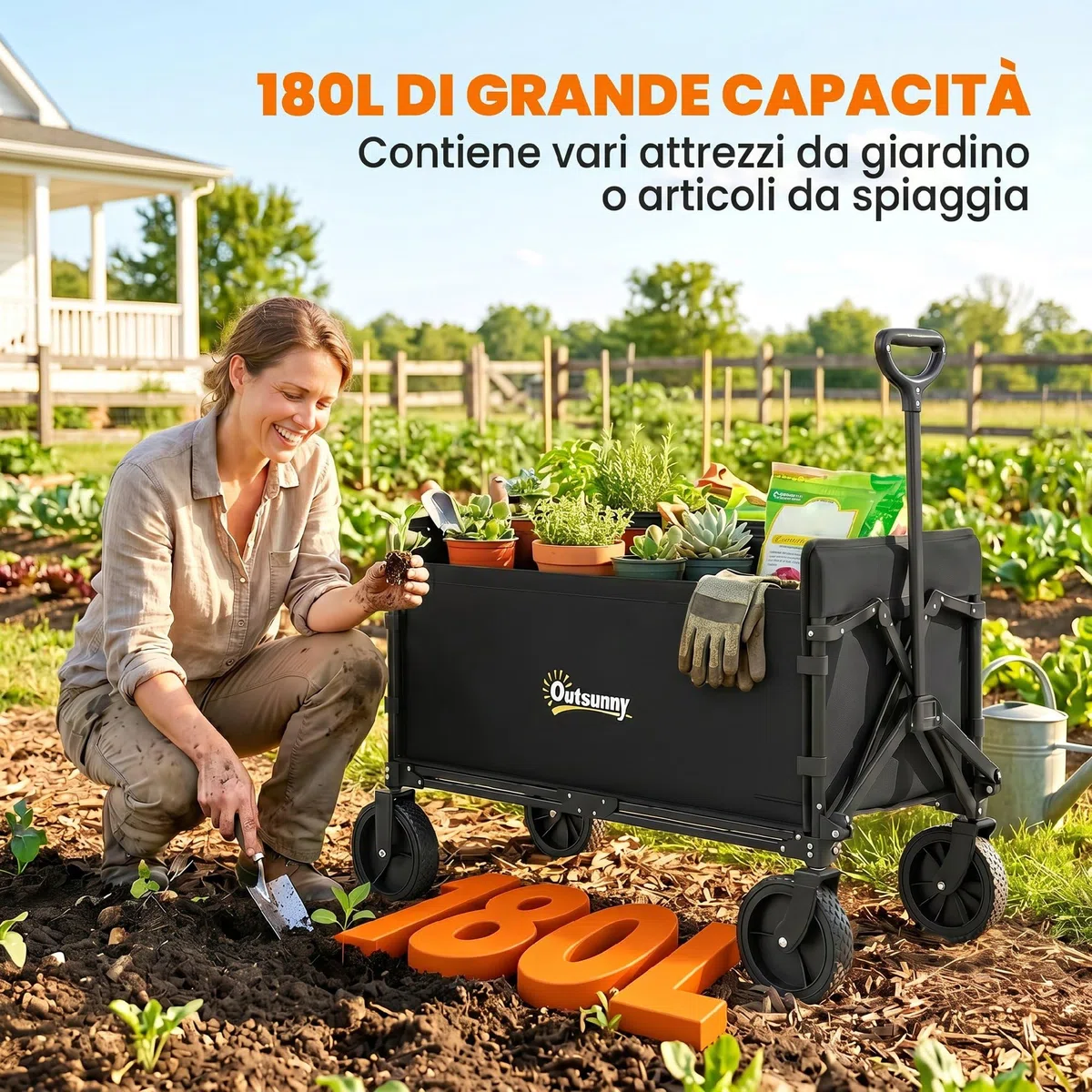 Outsunny Carrello da Giardino da 180L con 4 Ruote Girevoli, Carrello Spiaggia Pieghevole in Acciaio e Tessuto Oxford con Sacca Portaoggetti e Maniglia Girevole e Regolabile, 90x48x62 cm, Nero
