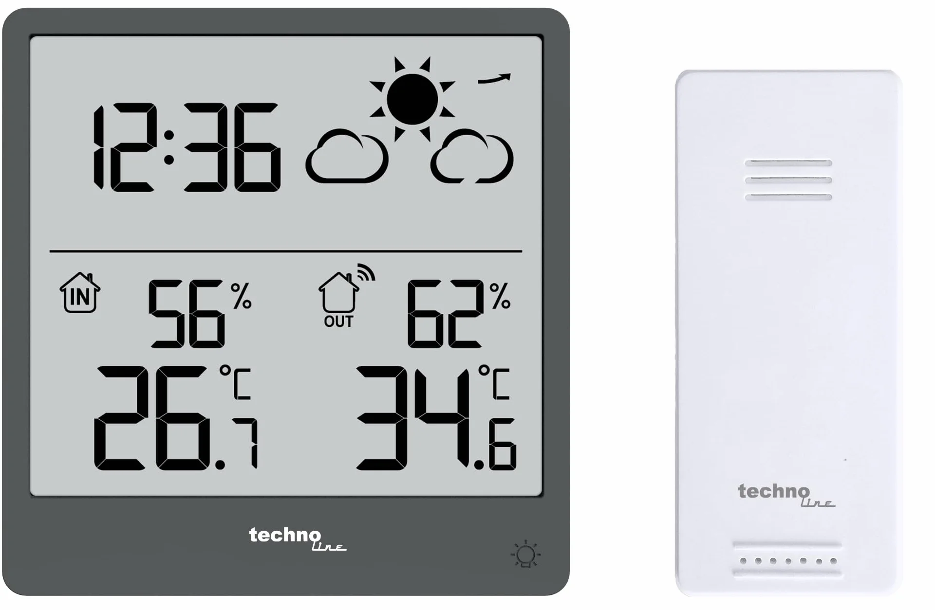 WS9138 - Statazione meteo moderna, piccola con previsioni meteo e tendenza meteo, temperatura interna ed esterna, illuminazione interfondo, display LCD trasparente senza sfocatura del display