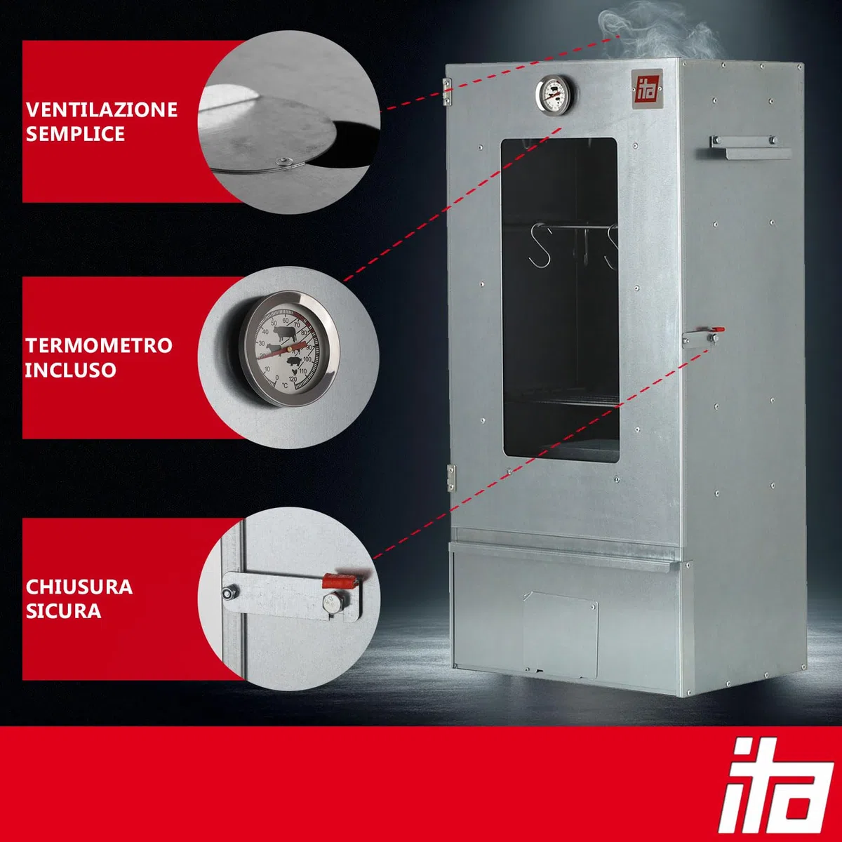 ITA Fumoir Électrique 7002 - Set Affumicatore con Riscaldamento, Tavolo, Generatore di Fumo - Armadio per Affumicatura con Finestra e Termometro - Acciaio Inox - Qualità UE - 81 cm con 3 Livelli