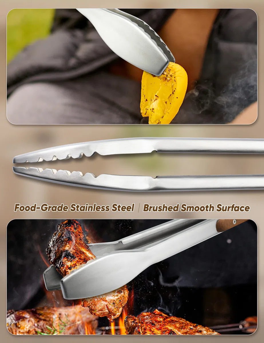 Pinze per griglia, 50 cm, ultra lunghe, in acciaio inox, con manici in legno massello, per grigliare, barbecue, barbecue, cottura