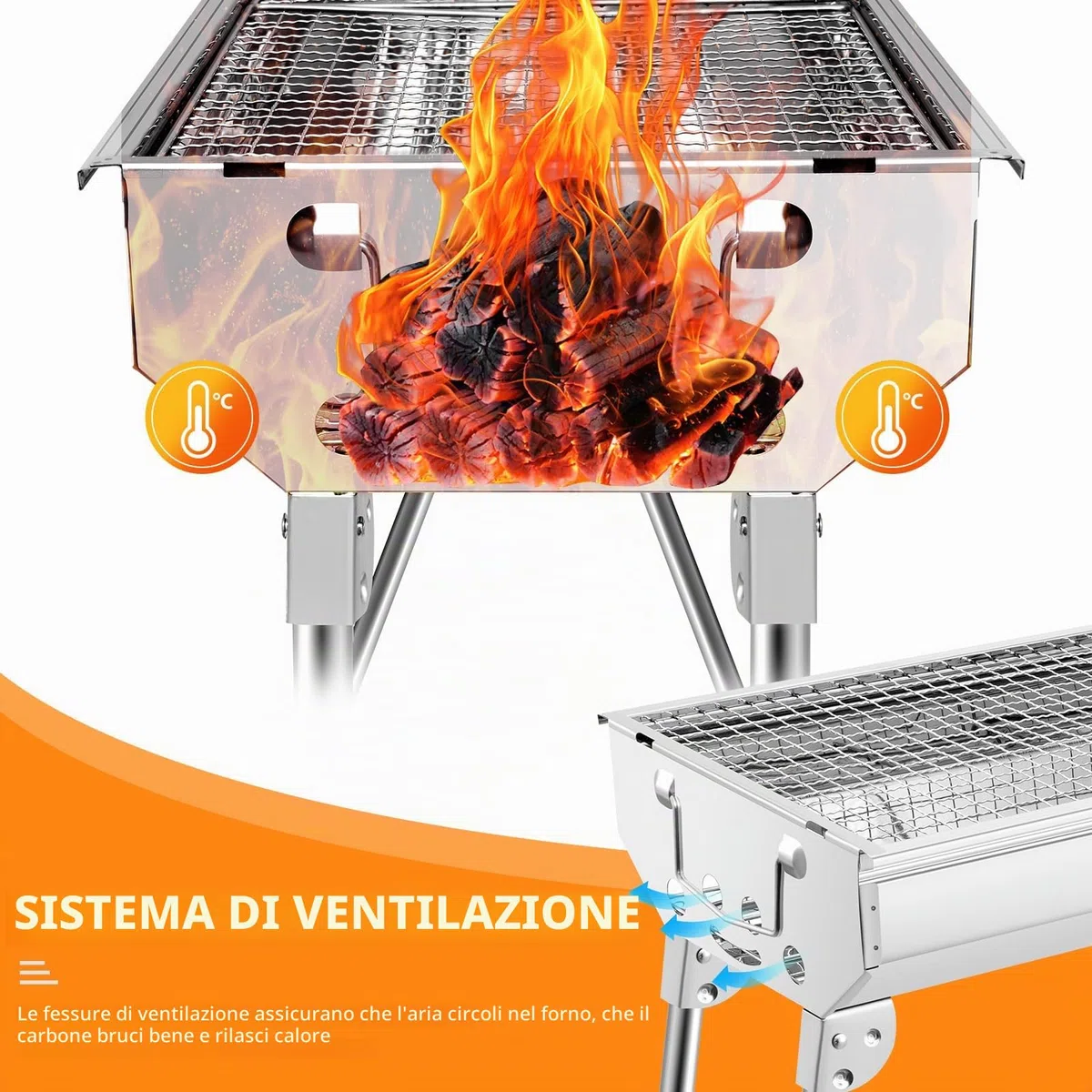 Barbecue a carbonella XXL (73 * 28 * 76 cm), Barbecue portatile a carbone, Griglia pieghevole in acciaio inox, Barbecue a carbone per esterni, Barbecue da tavolo a carbonella, Carrello barbecue
