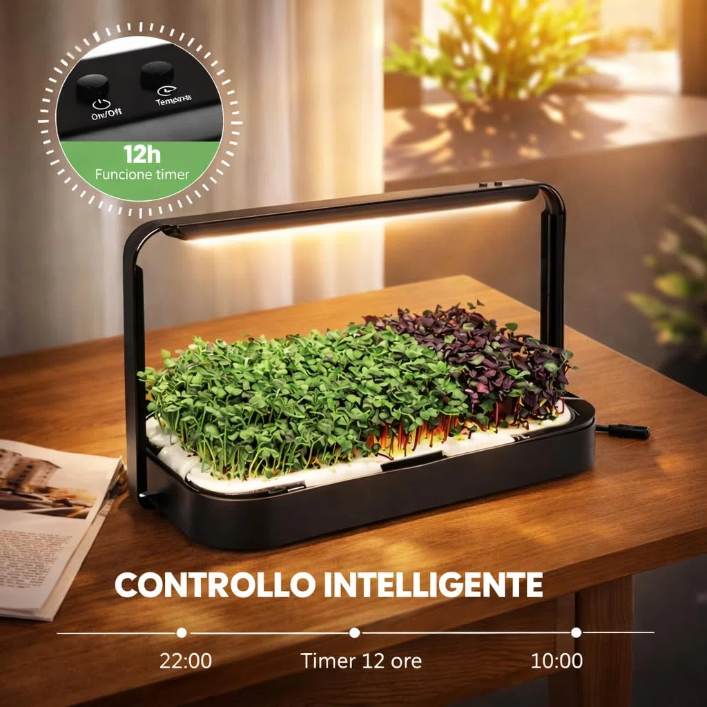 Idroponica Microgreen Indoor con Luce LED Automatica 12h per La CRESCITA OMOGENEA - Kit Idroponico Auto Irrigante con Sacchi Biodegradabili - Mini Serra Compatto per Casa - Capacità 1kg