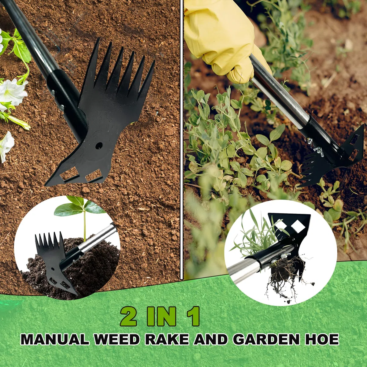 Estrattore di erbacce con manico lungo, manico staccabile da 148 cm, rastrello manuale 2 in 1 e zappa da giardino, resistente per dente di leone, cortile, prato, patio, giardino (nero)