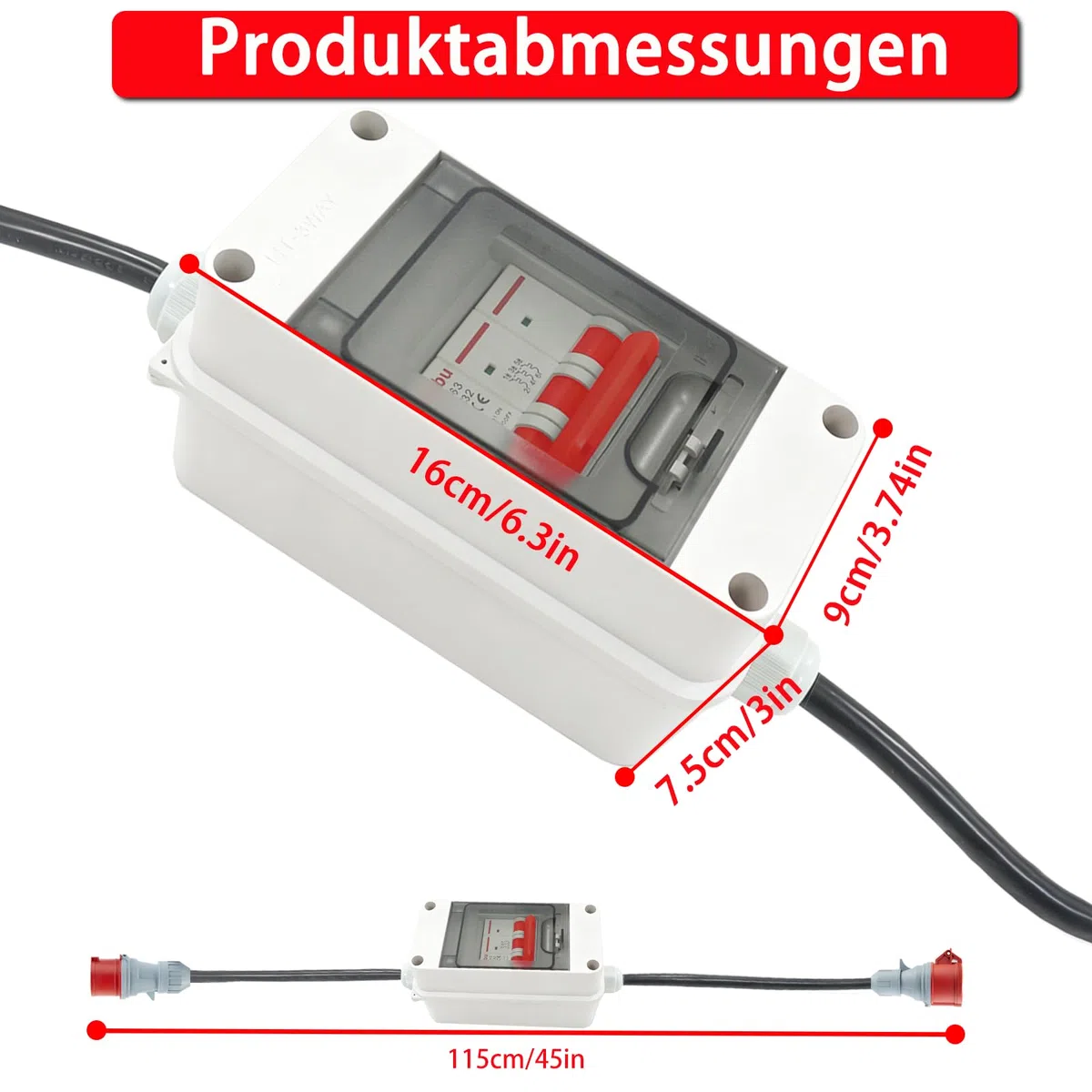 Adattatore CEE 32A a 16A CA con interruttore di protezione del cavo, monofase, 5 poli IP44 impermeabile, 3x2,5 mm², ideale per industria, cantiere, camper e uso domestico