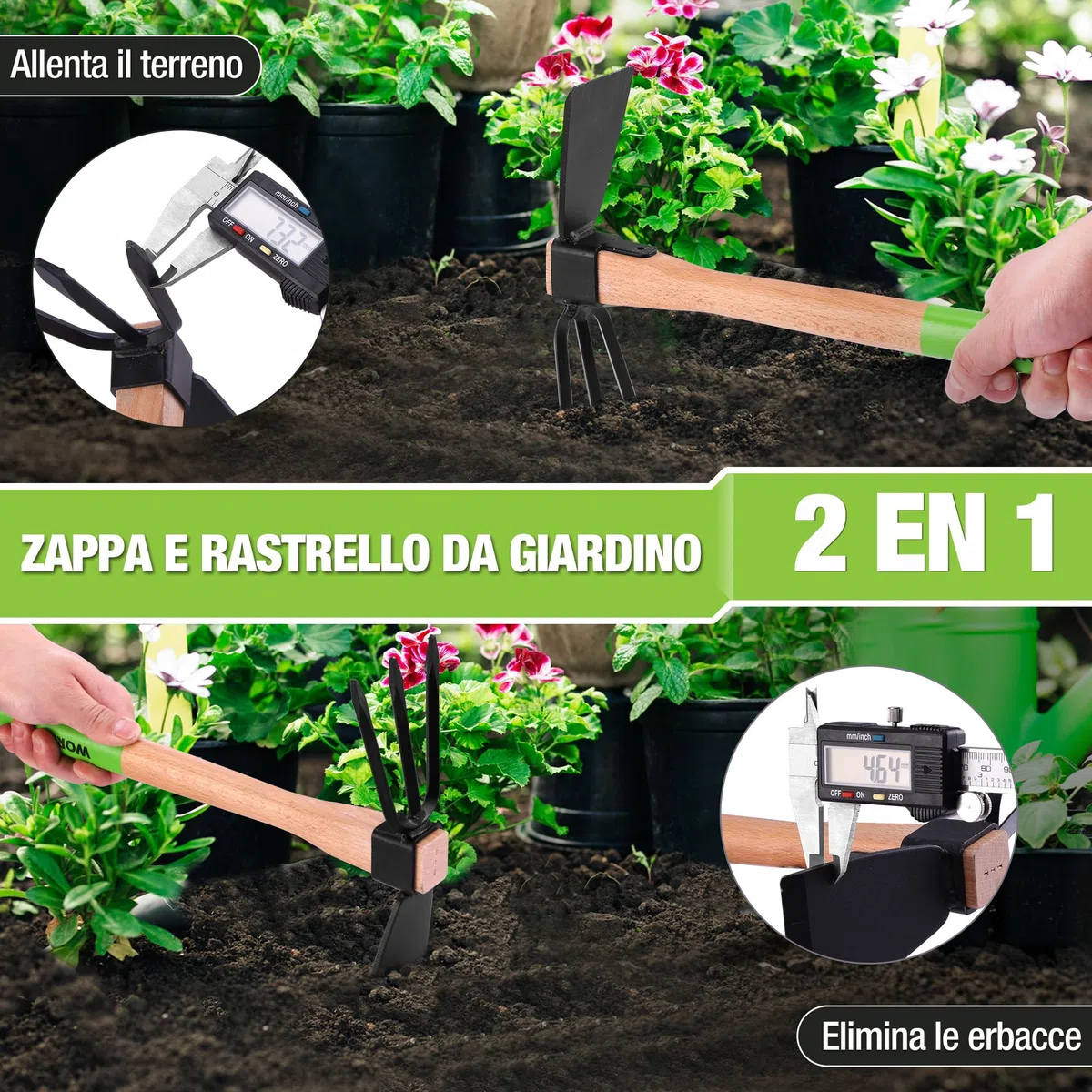 WORKPRO Zappa e Coltivatore 2-in-1 – Rastrello da Giardino con Manico in Legno da 36 cm, Lama Affilata e Denti a 3 Artigli, Attrezzo Pesante per Scavare, Smuovere il Terreno, Sarchiare e Coltivare