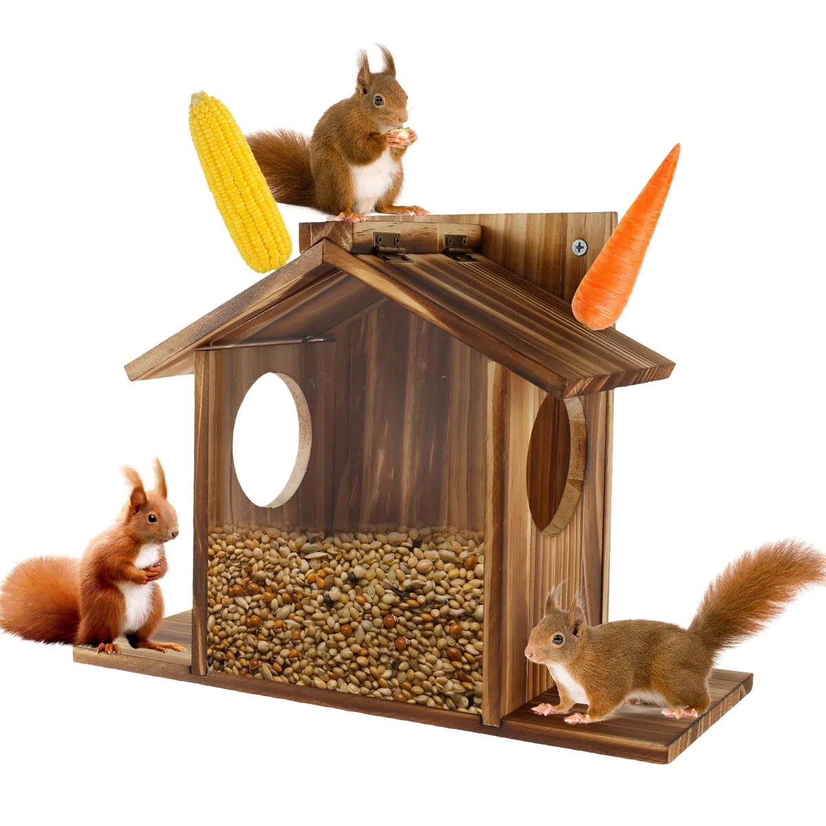 Mangiatoia in legno per scoiattoli, per giardino, 32,5 x 12,5 x 21 cm, capacità, stazione di alimentazione per scoiattoli, con tetto flessibile, stazione di alimentazione per scoiattoli per