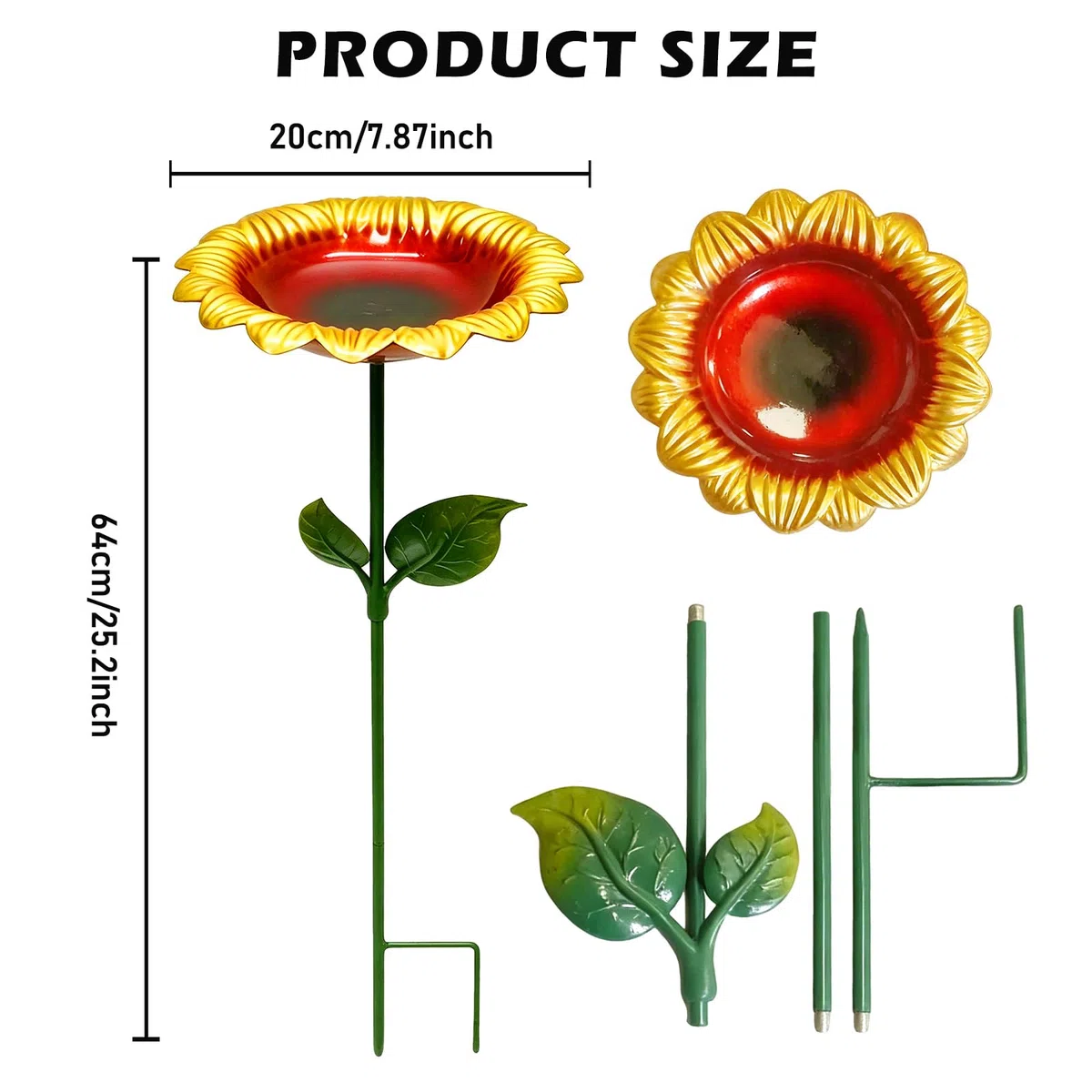 BORDEAG 2 abbeveratoio per uccelli da giardino, in piedi, in ferro, per uccelli, per esterni, design a girasole, per cortile, 20 x 20 x 64 cm