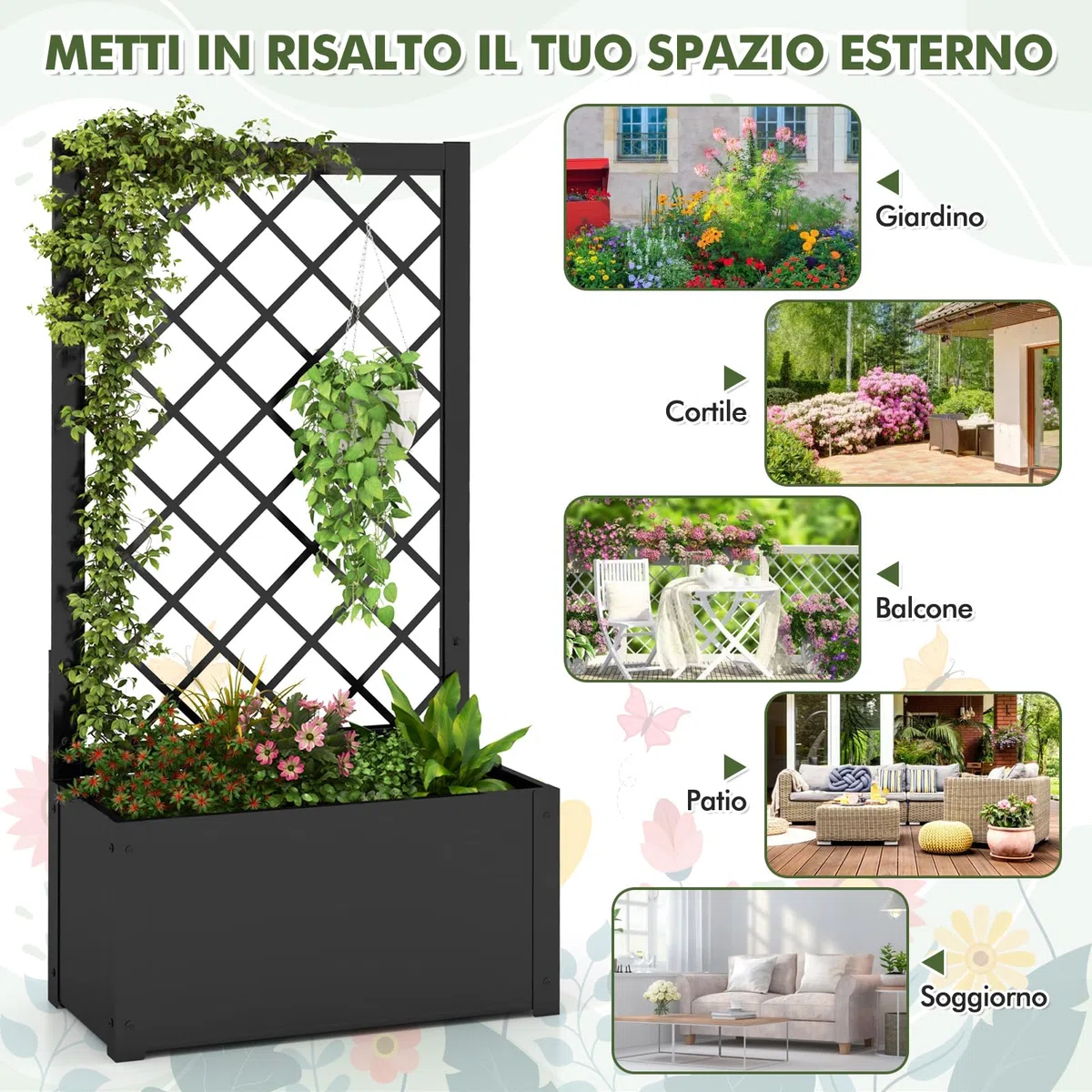 COSTWAY Letto da Giardino Rialzato con Traliccio, Fioriera in Metallo per Piante Rampicanti, Verdure, Viti e Fiori, Aiuola Elevata per Piante Esterno per Patio, Giardino e Balcone