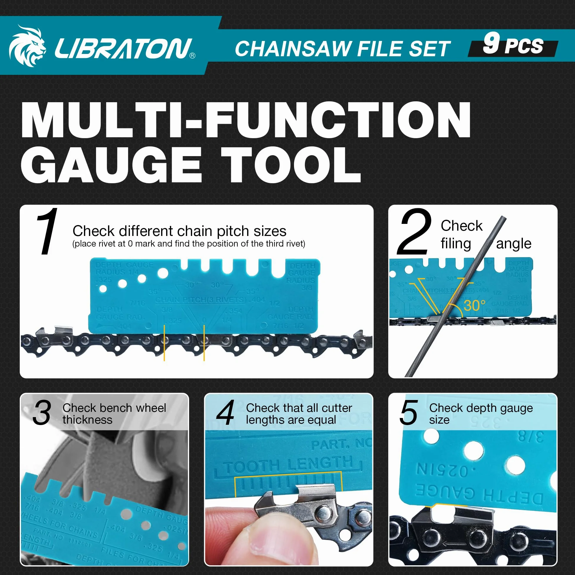 Set di lima per motosega LIBRATON, lima da 4 mm, 4,8 mm, 5,6 mm per affilatura motosega, affilatore per motosega, lima per catena di motosega rotonda, lima piatta da 15 cm, calibrato di profondità