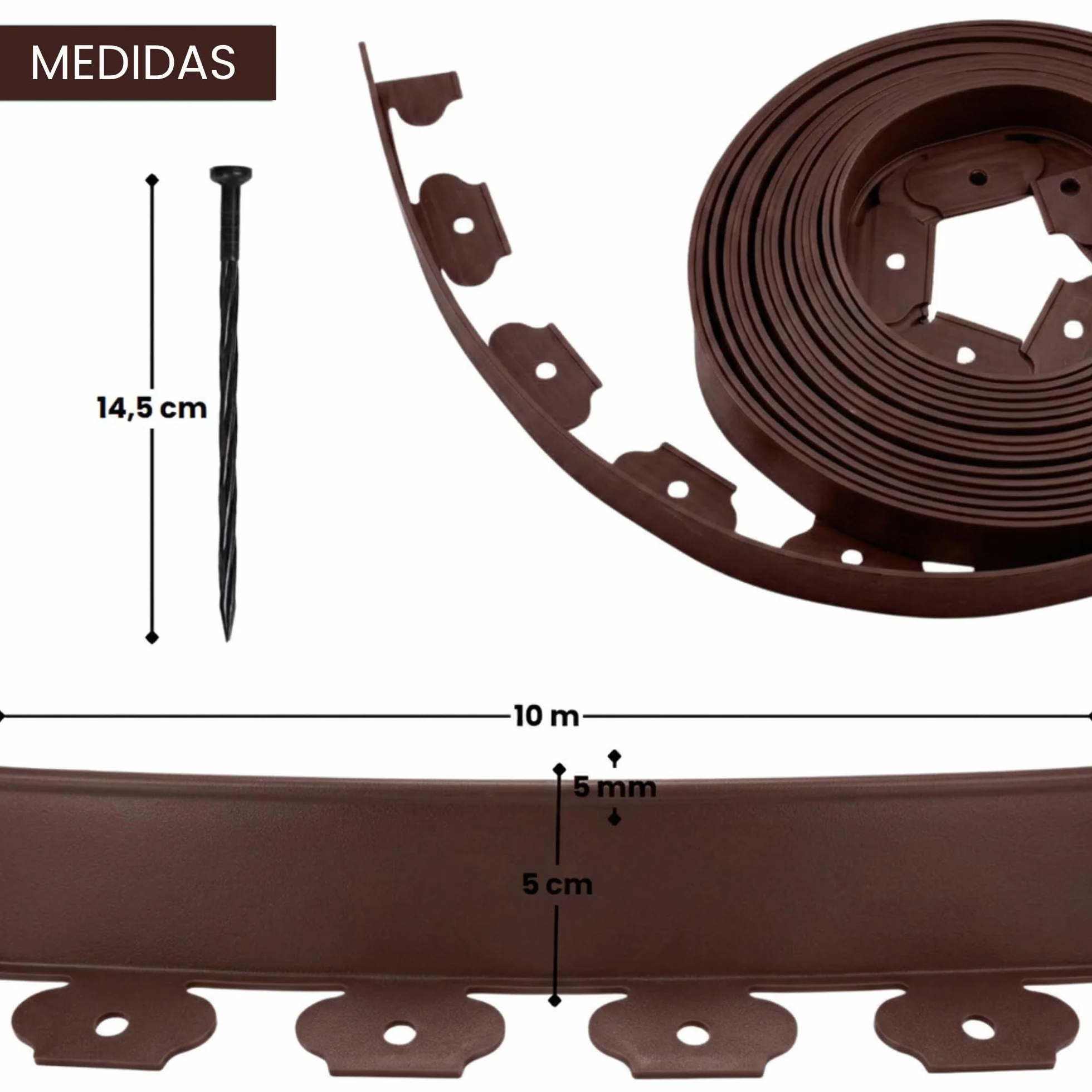 Ediesi, Bordura per giardino 10 m flessibile, bordo aiuole plastica resistente 5 mm, bordatura giardino per prato vialetti, installazione facile con 30 picchetti (Marrone, 10 metri)
