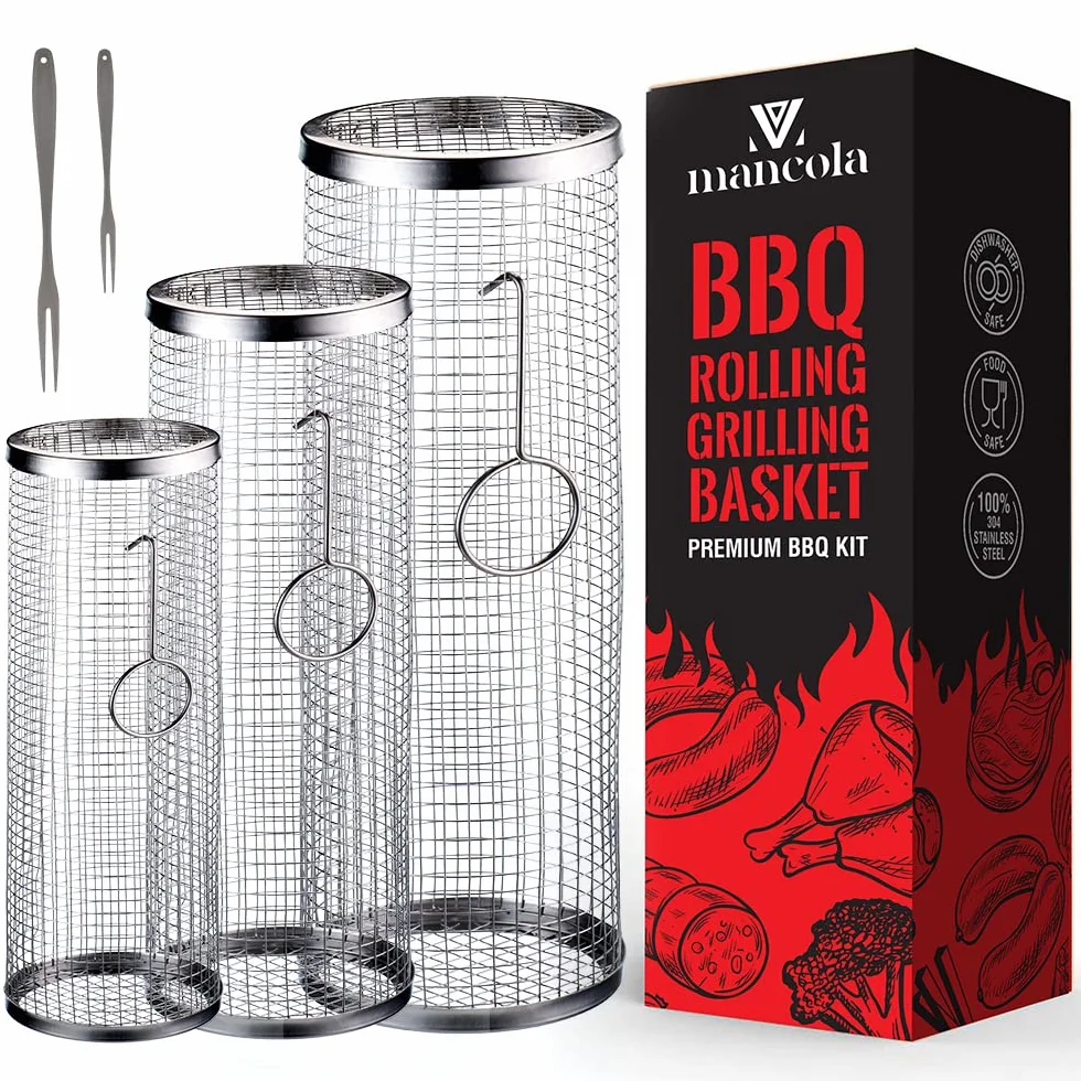 mancola Cestino per Griglia BBQ a Rete Tubo-Rotolante, Cestini per Griglia Rotolanti per Grigliare all'Aperto, Rete per Griglia BBQ Rotonda in Acciaio Inossidabile, Supporto per Barbecue da Campeggio
