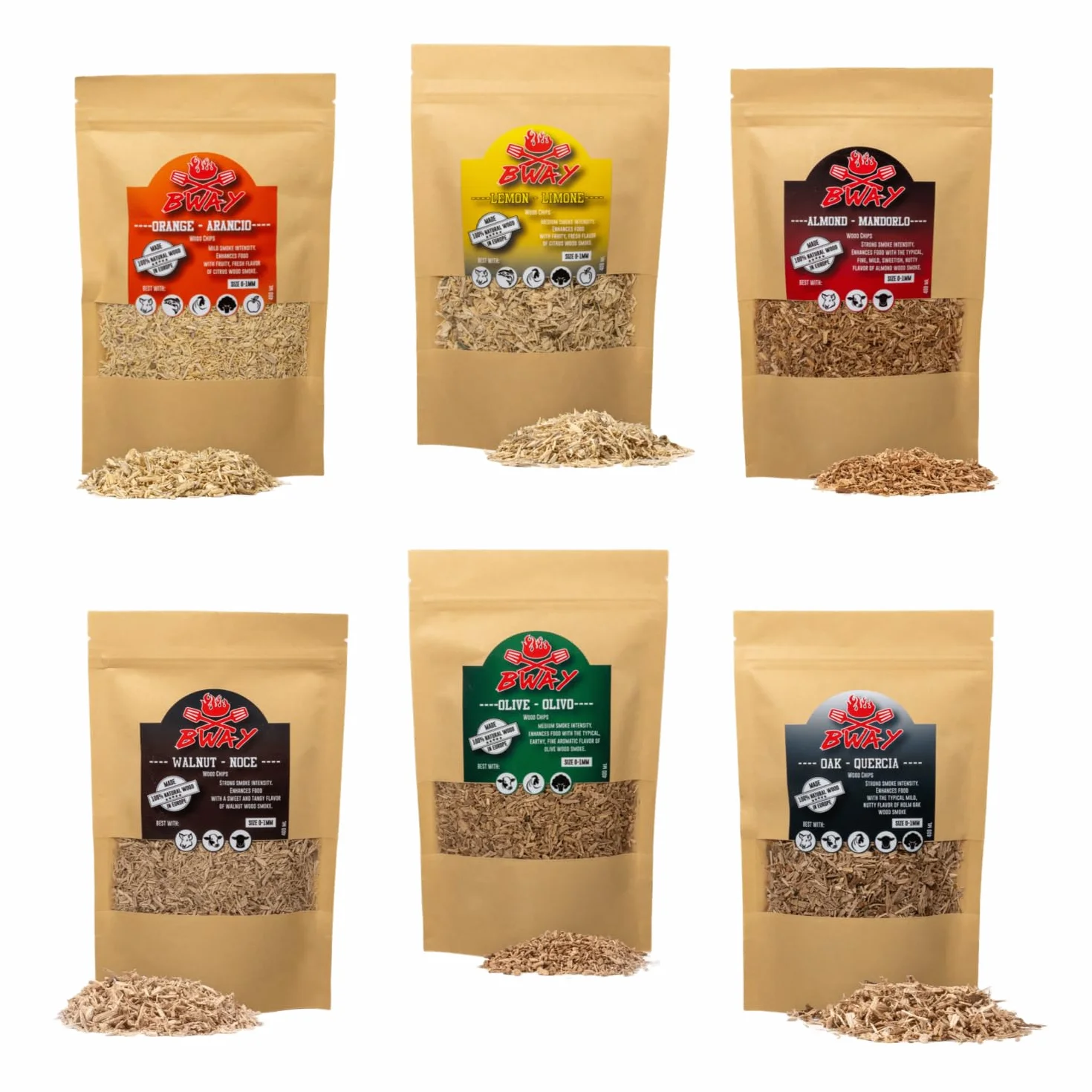 BWAY Trucioli per Affumicatura Gusto Olivo, Arancio, Mandorlo, Limone, Noce e Quercia da Utilizzare con Affumicatore da Cucina | eBook Omaggio con 20 Ricette (6 x 400 ml)