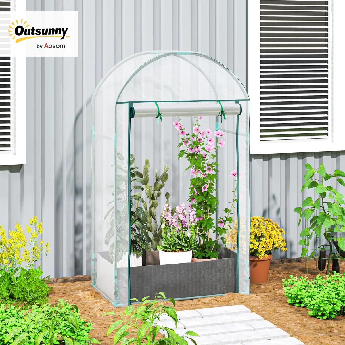 Outsunny Serra da Balcone per Orto con Porta a Cerniera Avvolgibile e Sacco per Piante, Serra da Giardino in Acciaio e Plastica, per Piante, Fiori e Verdure, 89x50x152 cm, Trasparente