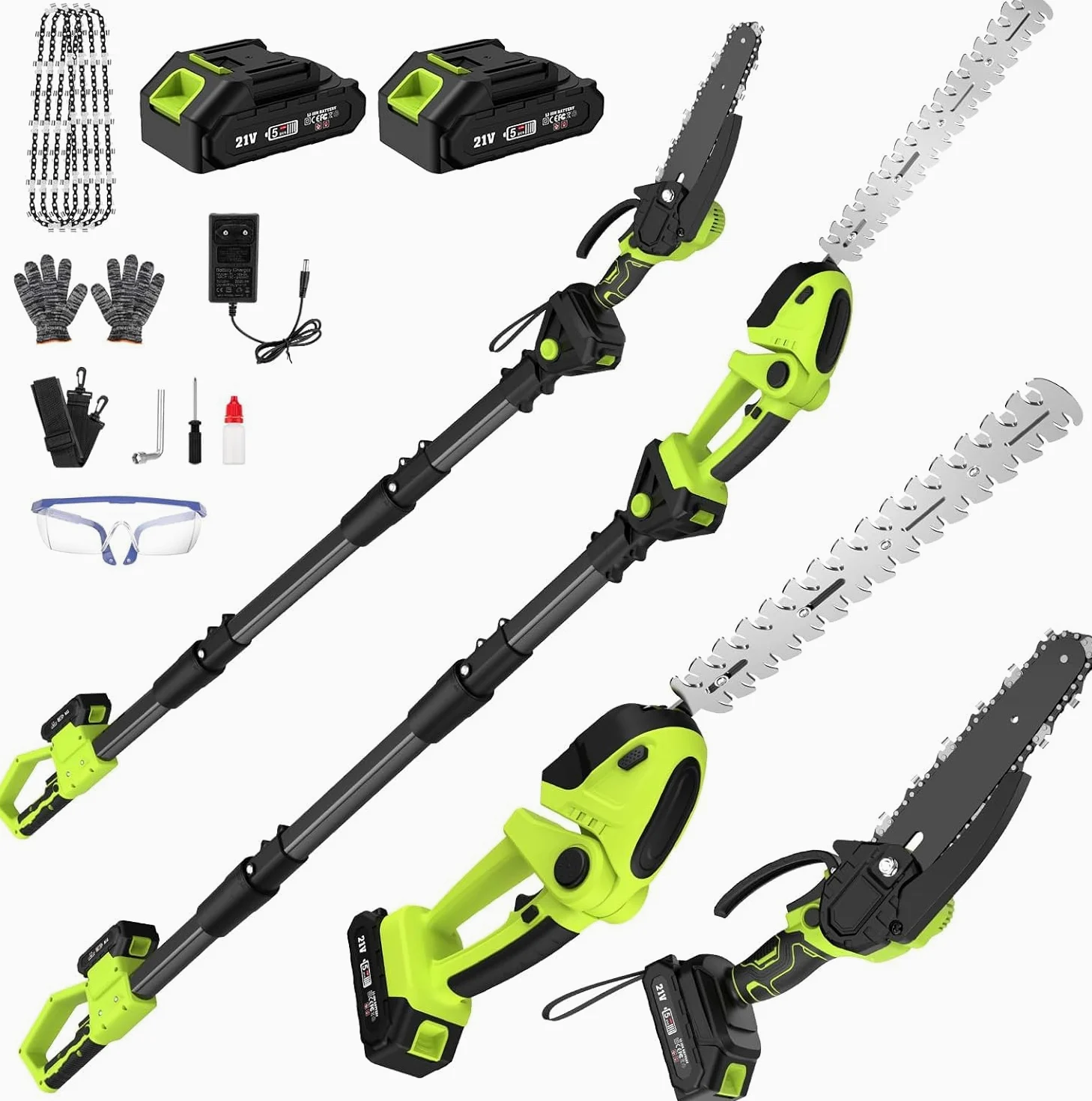 Motosega e Tagliasiepi con Asta Telescopica, 4 in 1 Kit Potatura Sega Elettrico Mini Motosega, 4* Catene 6", 2 * 4000 mAh Batterie Ricaricabili per Tagliare Giardini, Arbusti, Rami