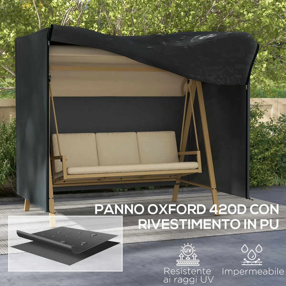 Outsunny Copertura per Dondolo da Giardino 3 Posti, Copertura Dondolo con Telo Impermeabile Anti UV, 220x125x172 cm, Nero