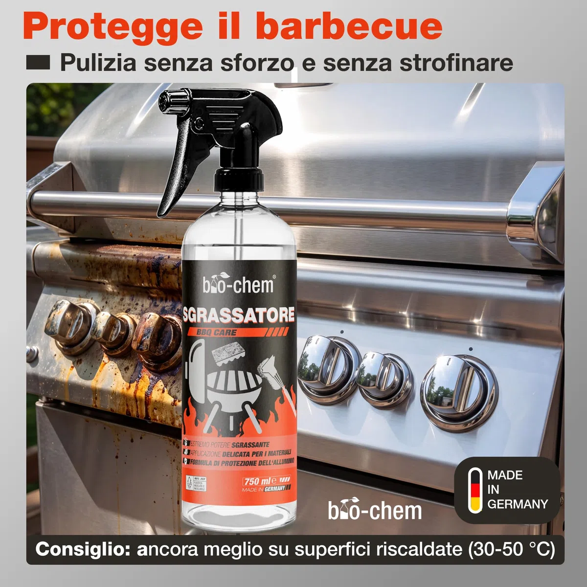 bio-chem - Detergente per Barbecue 750ml + Spazzola, Panno e Spugna - Spray per BBQ Pronto all'Uso, Ideale per L'Estate - Pulitore sgrassante per Griglie di Barbecue