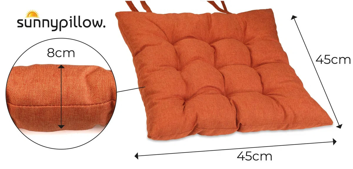 sunnypillow Set di 4 Cuscini per Sedia con Nastri - 45 x 45 cm - Comodi Cuscini da 8 cm di Spessore, per Sedie/Panche in Casa e in Giardino - Seduta Per uso Interno ed Esterno - Aranica