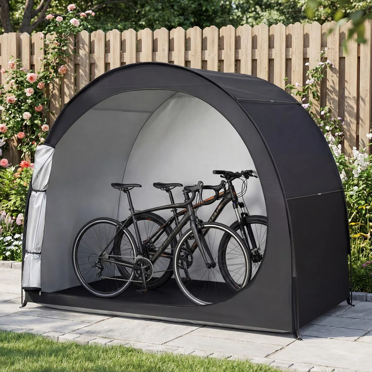 COSTWAY Tenda per Bicicletta, Garage Moto per Esterno con Aste in Fibra di Vetro, Tessuto Oxford, Corde antivento e Picchetti, Capannoni da giardino per bici, Tosaerba, Attrezzi da Giardinaggio