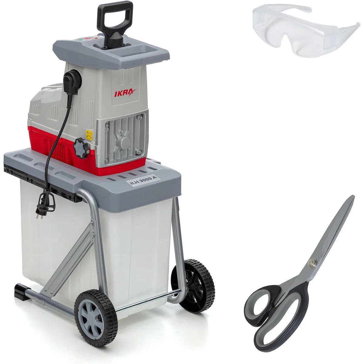 IKRA trituratore elettrico ILH 3000A, con forbici e occhiali di protezione | Motore ad alte prestazioni, silenzioso e robusto, 3000W, alimentazione automatica dei rami Ø 44 mm, retromarcia