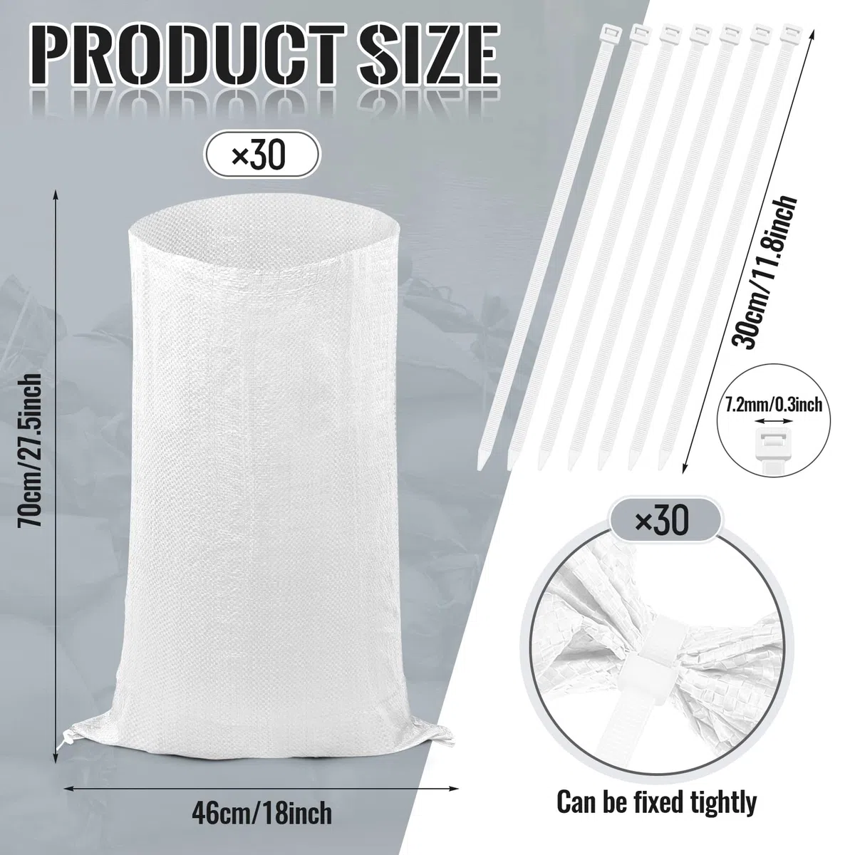 30 Pezzi Sacchi per Sabbia Riutilizzabile Resistente Sacchi in Tessuto per Giardinaggio Sacchi per Raccolta Giardino con 30 Fascette in Nylon per Terra Prato Rifiuti Esterno (Bianco)