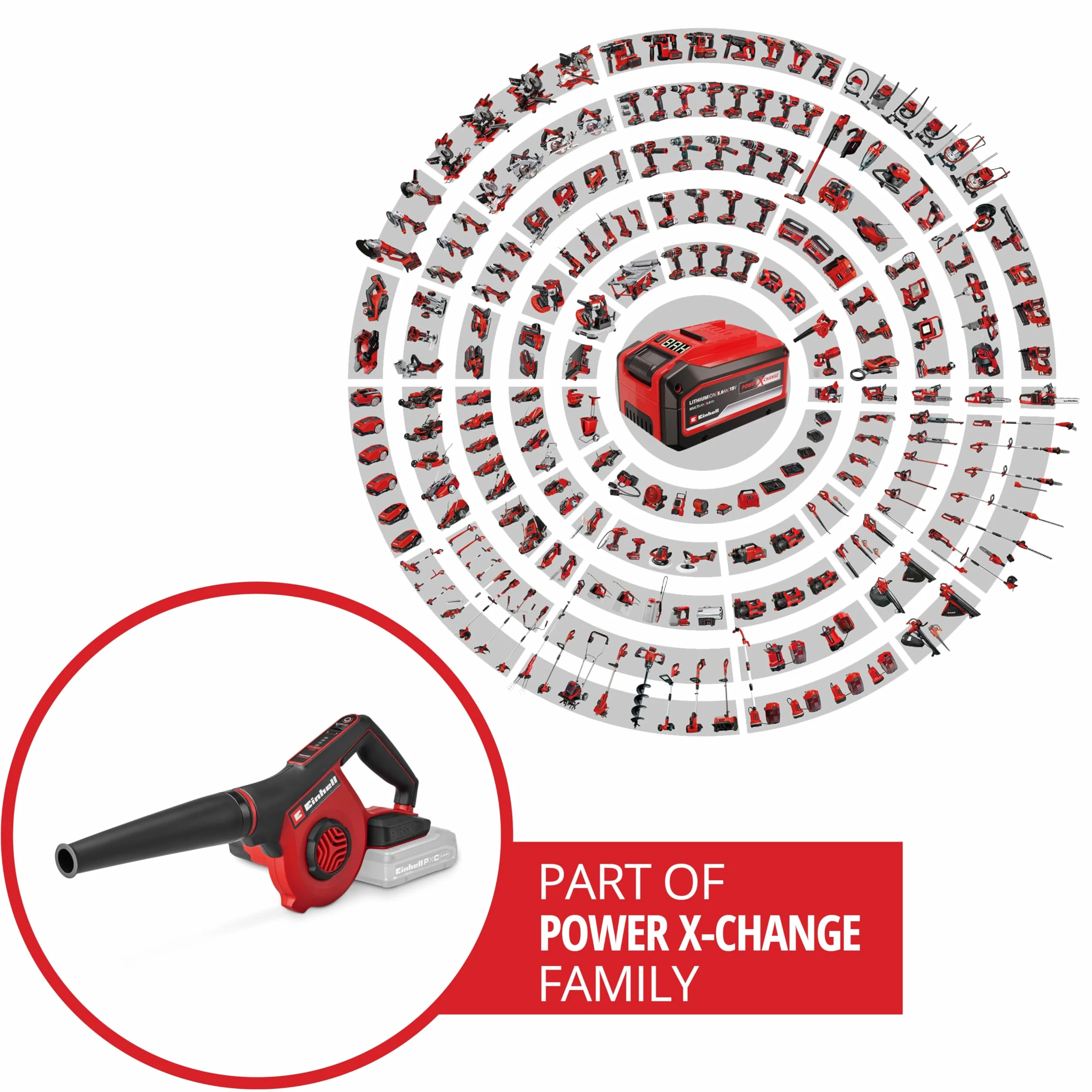 Soffiatore a batteria Einhell TE-CB 18/270 Li - Solo Power X-Change (18 V, max. 270 km/h velocità dell'aria, 5 livelli, incl. prolunga, bocchetta standard, piatto, foro, senza batteria)