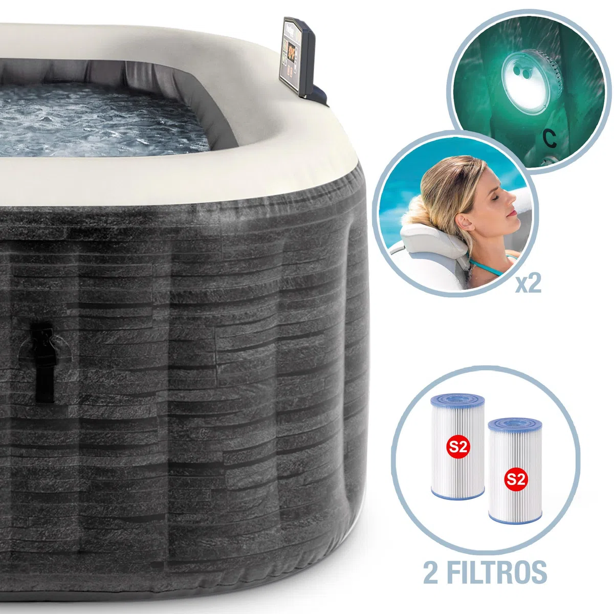 Intex 28450NP - Idromassaggio Gonfiabile Quadrato PureSpa Greystone Deluxe, 4 Posti, 140 Getti, PVC, Grigio, 175x175x71 cm