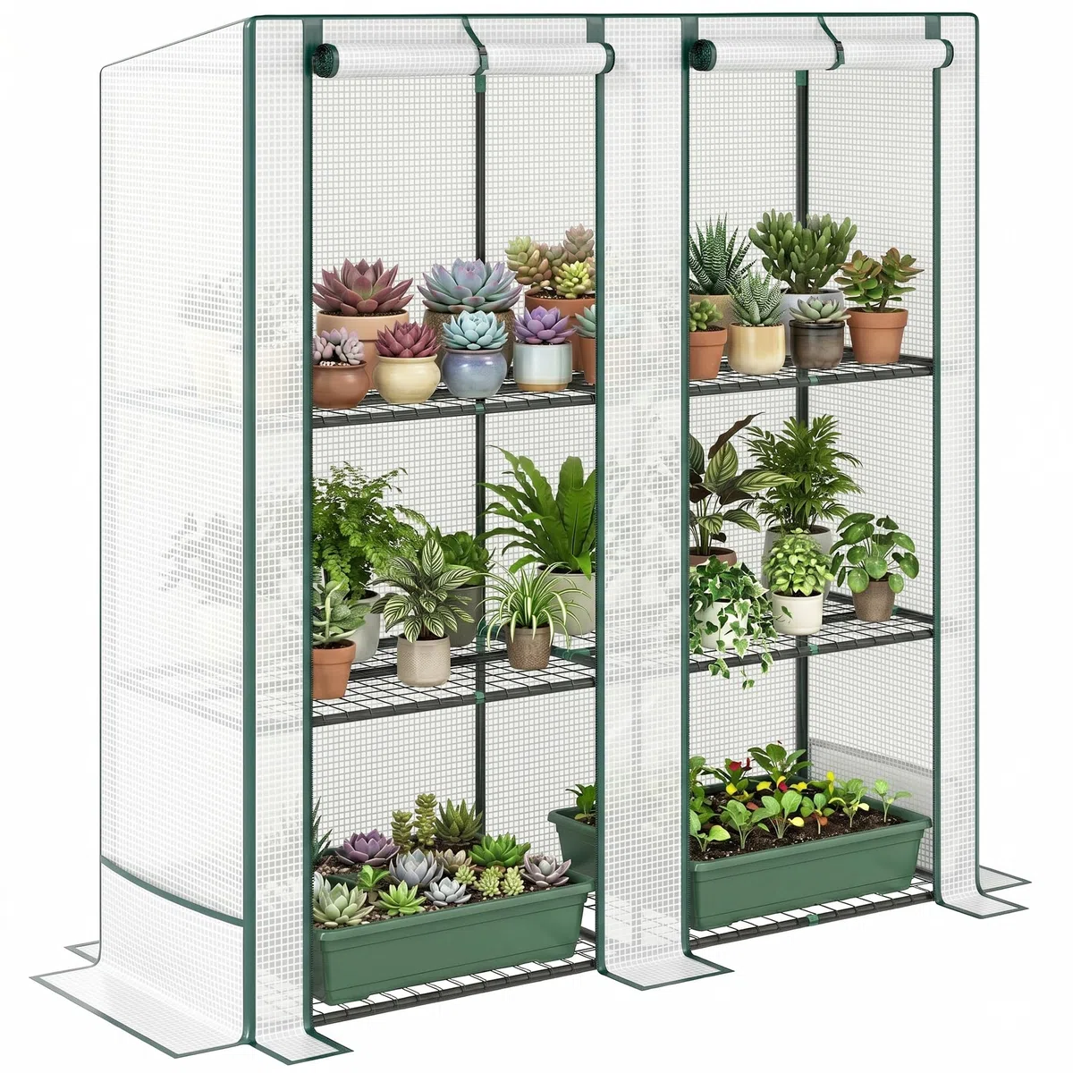 Outsunny Serra da Giardino con 2 Porte Avvolgibili, Scaffale a 3 Ripiani e Tasche Laterali, Struttura in Acciaio e Copertura in PE, Serra per Orto per Piante e Fiori, Protezione Anti UV, Bianco Verde