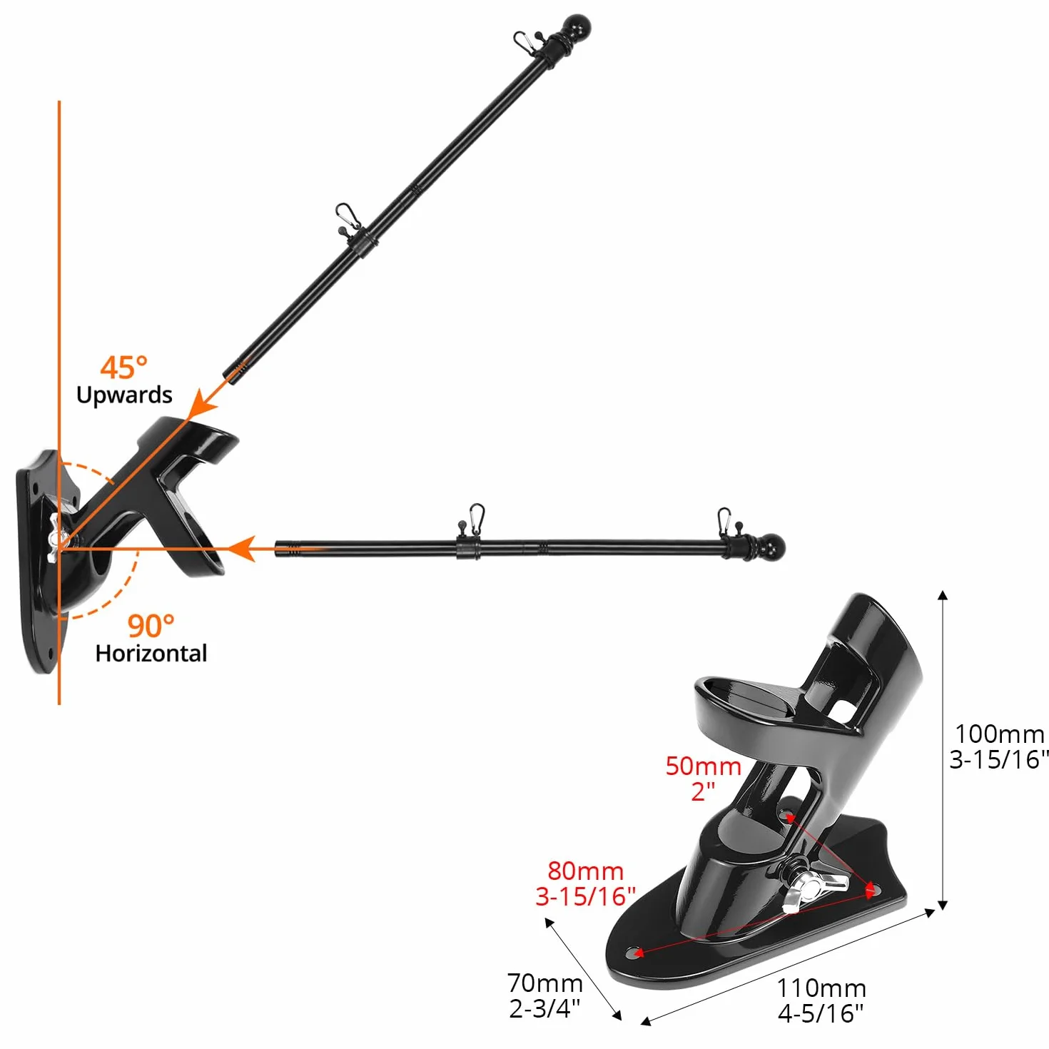 QWORK® Kit Portabandiera da Esterno - Bandiera in Metallo Opaco 180 cm con Staffa a Muro, Testa a Gomito e Anello di Rotazione - Sospensione 45°/90° - Lunghezza Regolabile