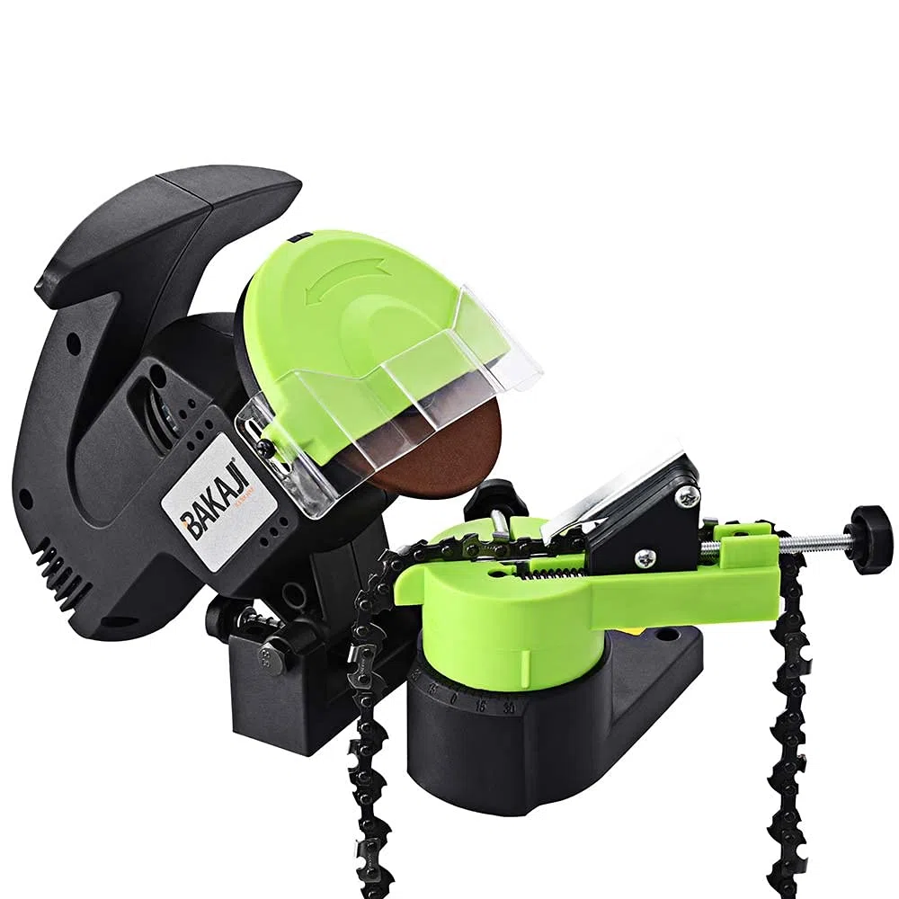 Bakaji Affilacatene Elettrico da banco per Catena Motosega Affila Catena con Serraggio Automatico e Angolo di Affilatura Regolabile Potenza 220 W 7500 Rpm 2Disco 108 mm Incluso