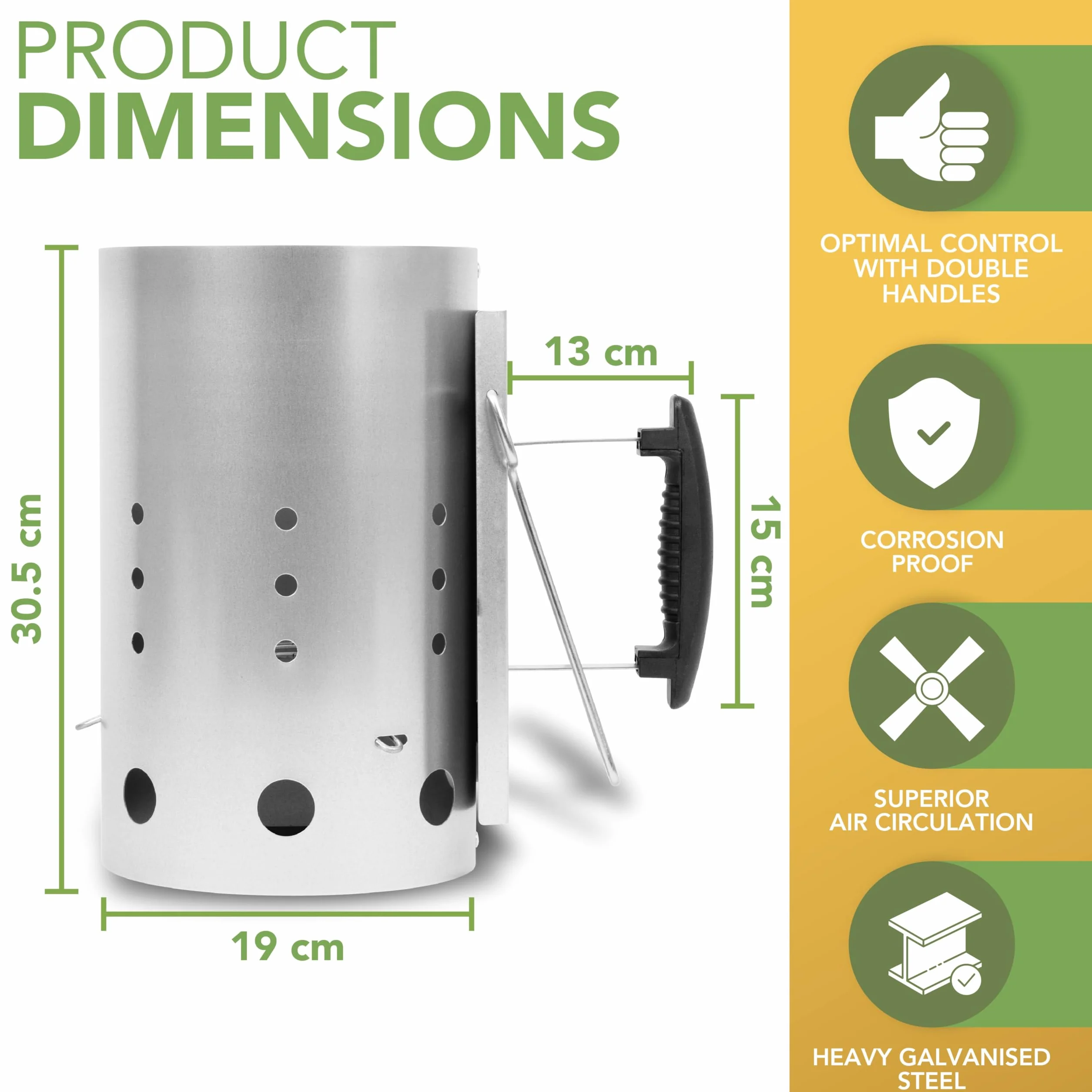BLOSTM Accendi Fuoco per Barbecue - Extra Grande Accendi Carbonella Barbecue Avviamento Rapido, Acciaio Zincato, Maniglie di Sicurezza Isolate Termicamente - Accendi Carbonella, Grumi, Bricchette
