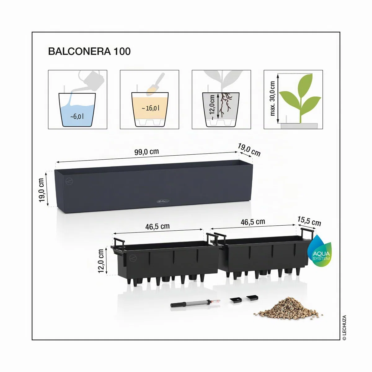 LECHUZA - Vaso per piante BALCONERA Cottage 100 nero, con sistema di irrigazione, indicatore del livello dell'acqua e inserto per piante, effetto intrecciato, 99 x 19 x 19 cm, 15915