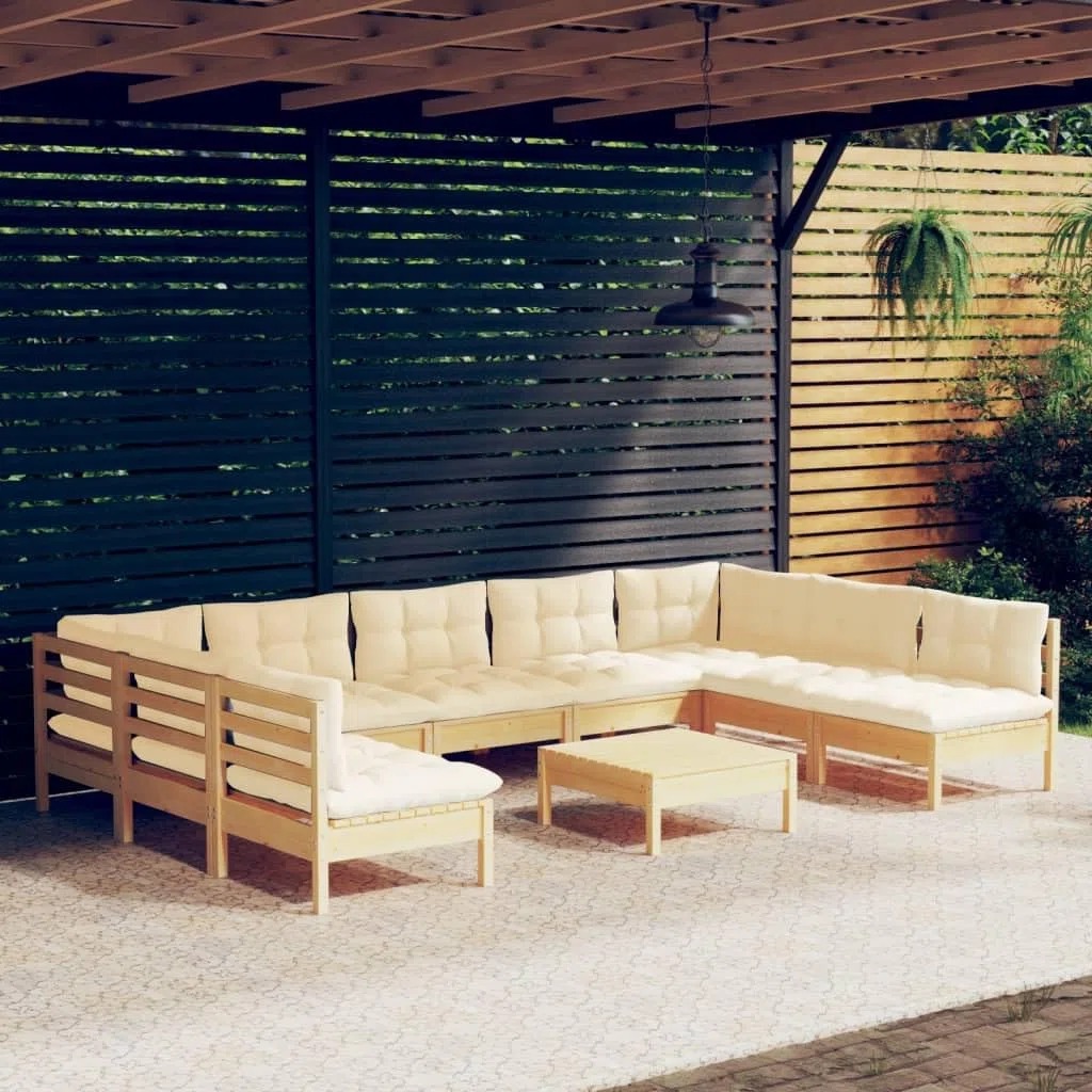 Set da 10 pezzi in legno di pino massiccio con cuscini color crema, set di mobili da giardino per esterni per terrazza e balcone, set modulare con cuscini