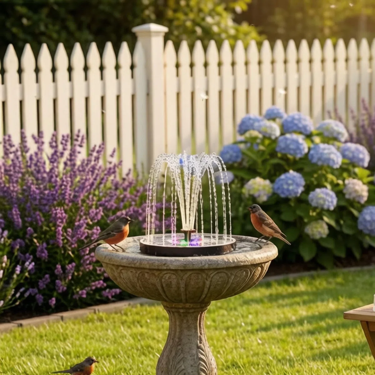 Fontana ad energia solare da 16 pollici con luci LED colorate Fontana galleggiante RGB con 6 ugelli spray per il bagno degli uccelli Decorazione da giardino all'aperto