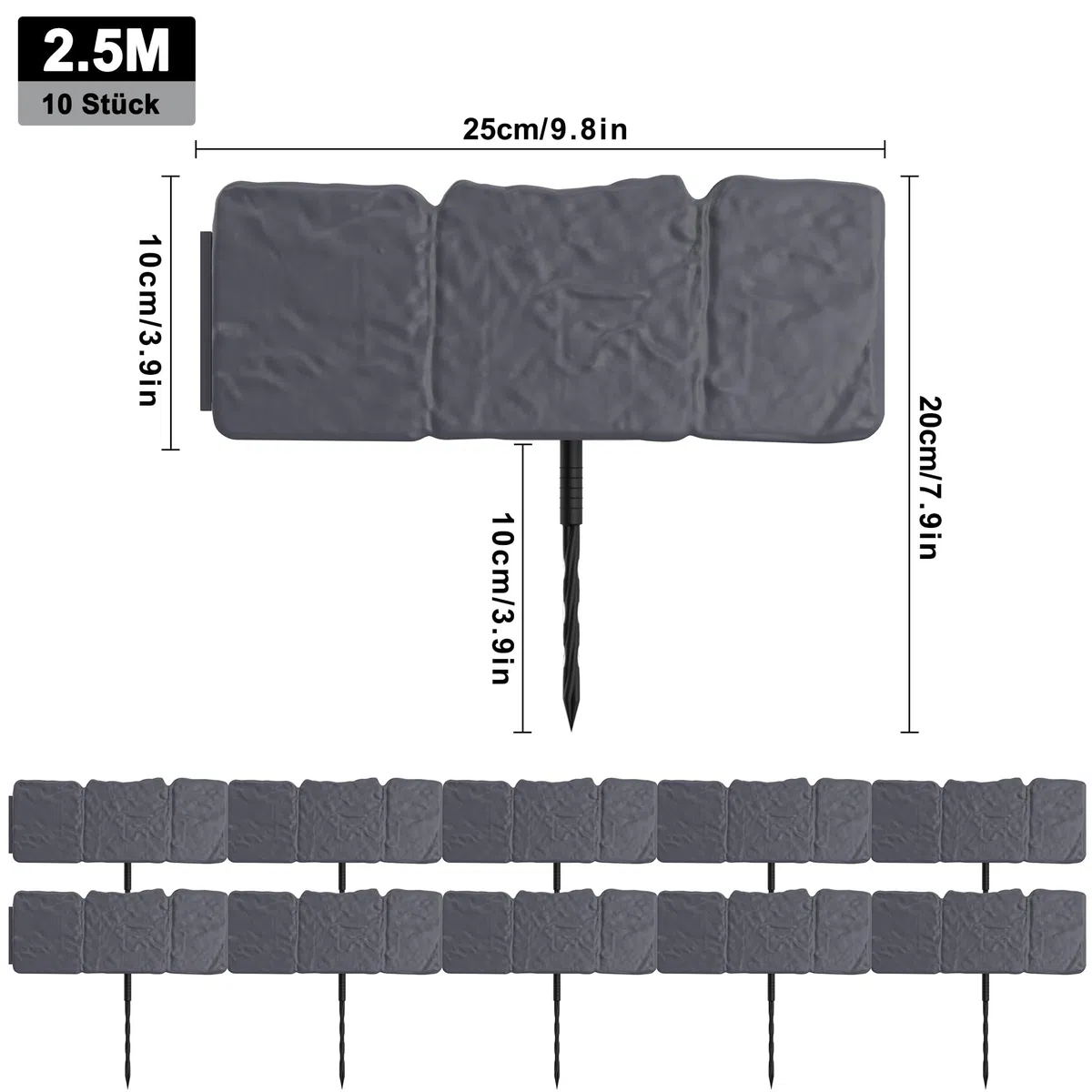 HENGMEI Bordo per aiuole in plastica, 2,5 m, con effetto pietra, 10 pezzi, 25 x 23 cm (lunghezza x altezza), antracite