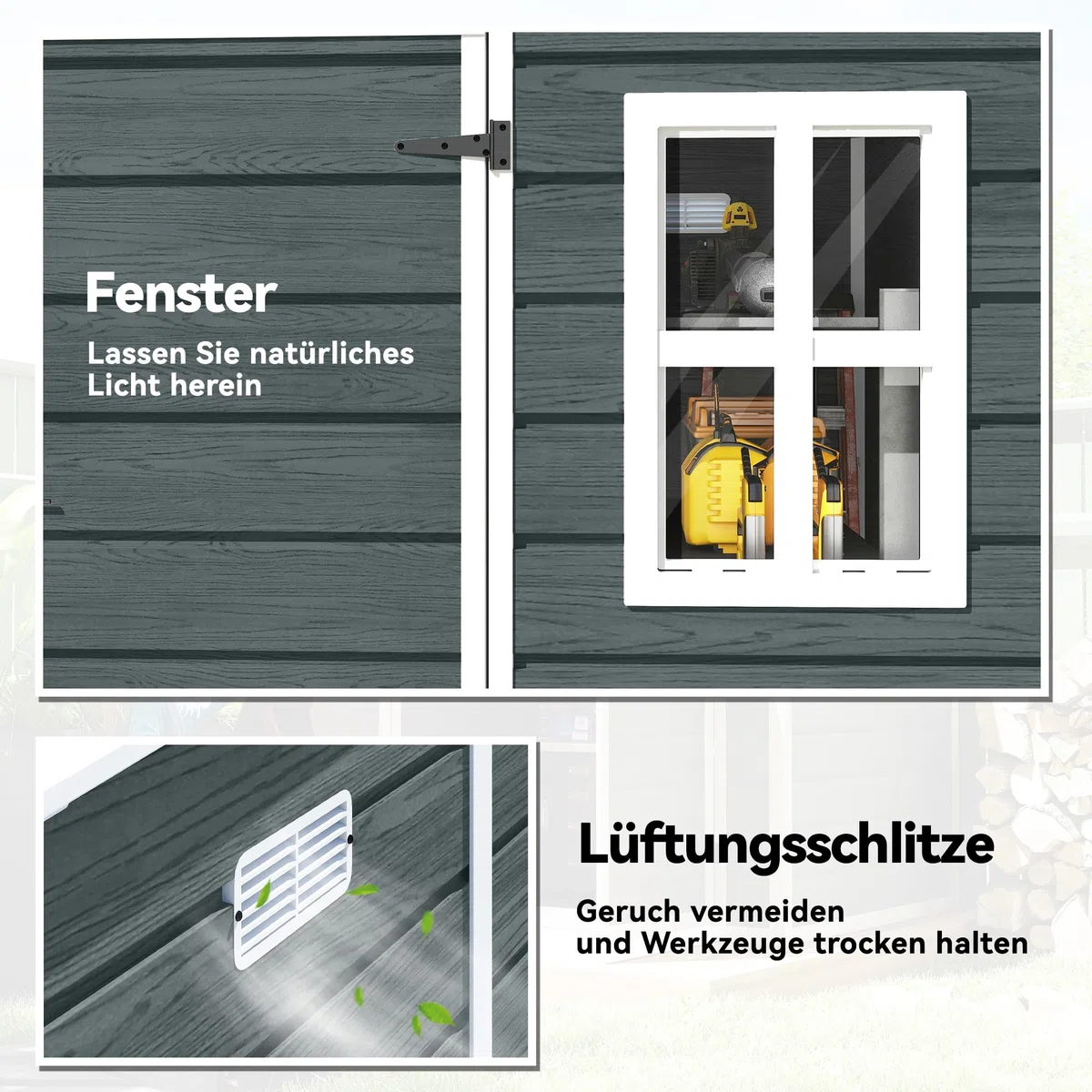 Outsunny Casetta per attrezzi 2,89 m² con effetto legno, 3 finestre 182 x 182 x 196 cm, in plastica, capanno da giardino con ventilazione, guanti di blocco, per attrezzi, bicicletta, grigio