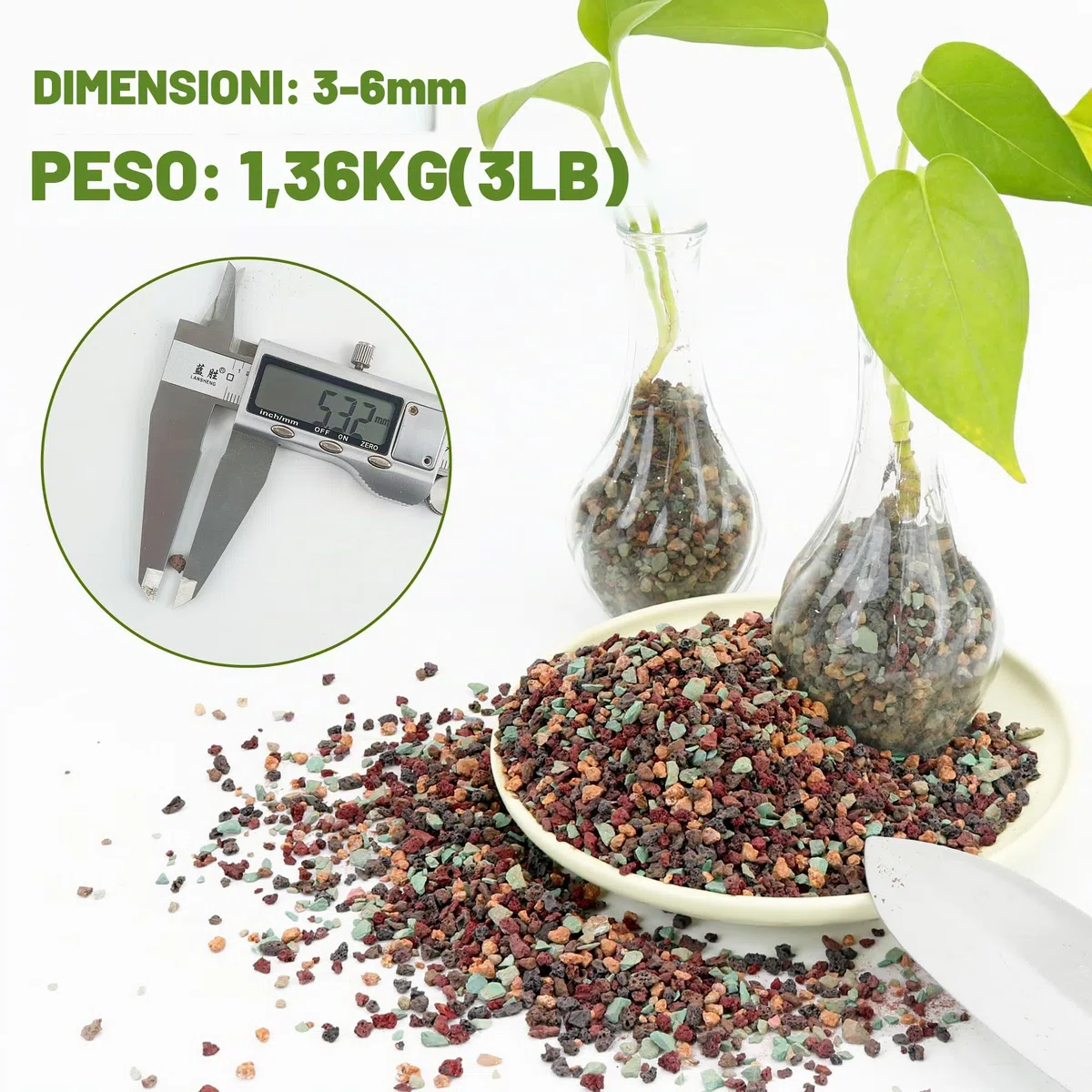 Miscela di Sassi Vulcanici 1.4 kg (3 lb) - Pietre per Piante in Vaso 4 in 1 (Lava Rossa, Lava Nera, Zeolite Verde, Maifan) 3-6mm - Sassolini Decorativi per Vasi, Orchidee, Bonsai, Giardino