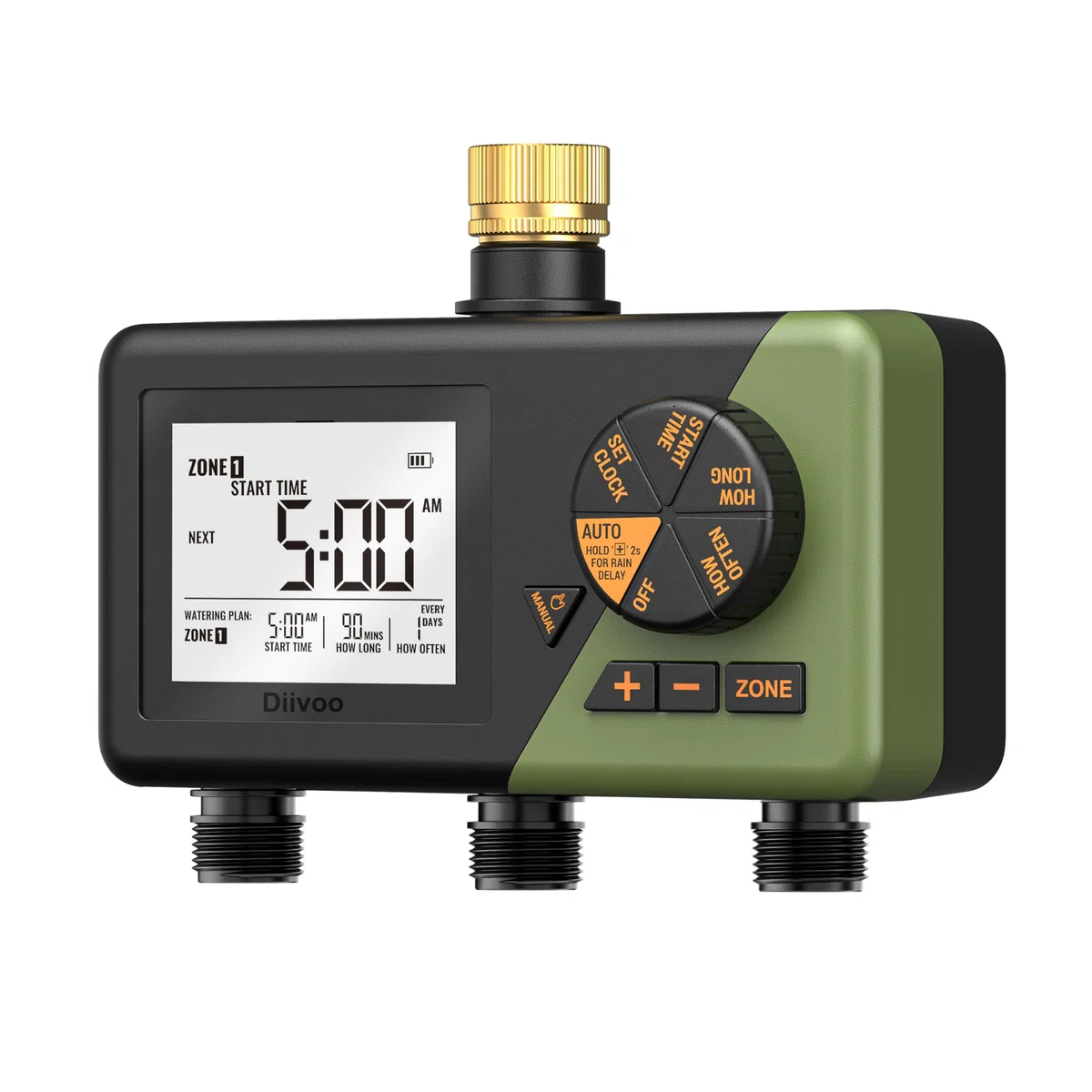 Diivoo Ottone Timer Irrigazione 3 Vie per Giardino, Cortile, Prato | Ampio Display LCD, Ritardo Pioggia, Irrigazione Manuale