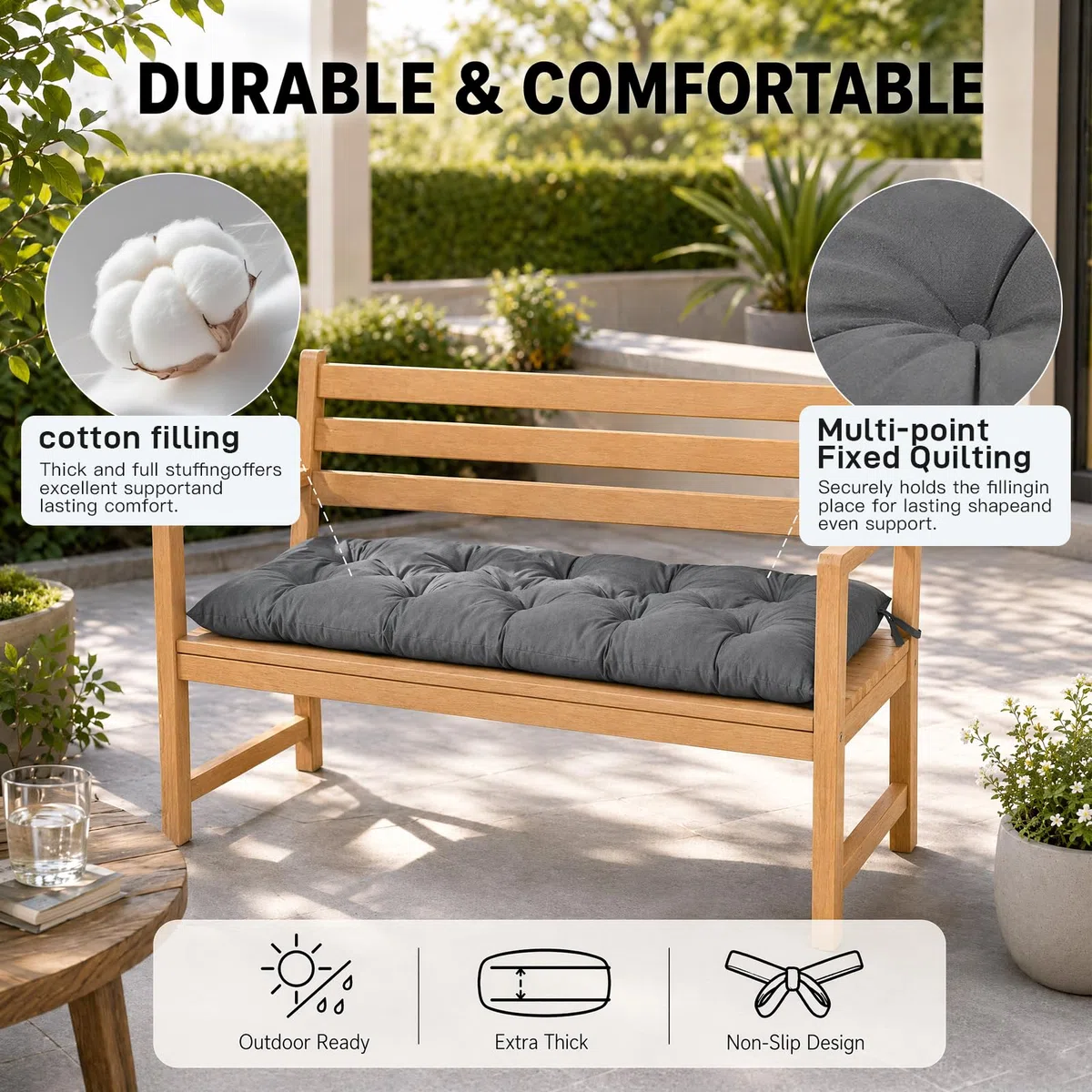 Cuscino per Panca e Sedia, per Esterni e Interni, per Dondolo da Giardino Hollywood, Sedile per Panca da Giardino, Impermeabile, per Sedia a Dondolo, Sedia a Dondolo e Pallet (Grigio