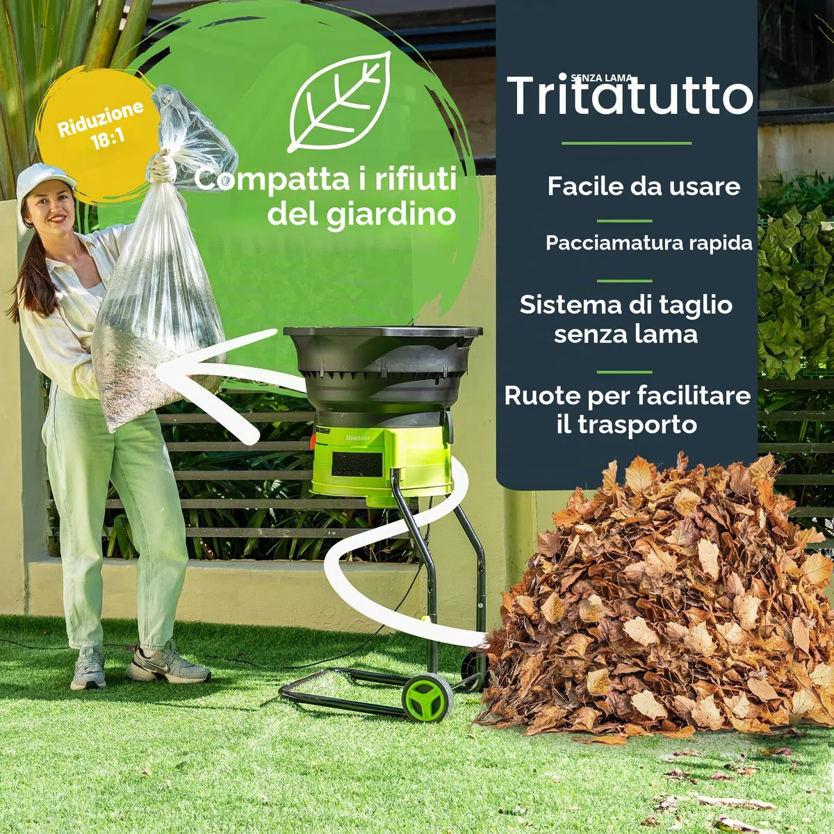 GreenSweep XL trinciafoglie e pacciamatore senza lama | Potente motore da 15 Amp, 9.000RPM per rapporto di riduzione 18:1