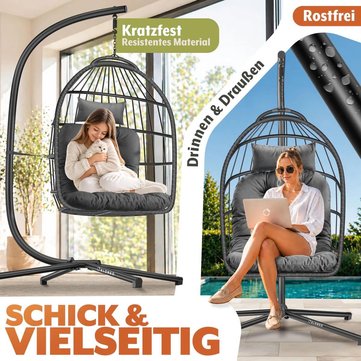 Sedia sospesa ELONEO con supporto e cuscino premium, sedia sospesa per esterno e interno con copertura, altalena sospesa per esterno con capacità di carico fino a 160 kg, hanging chair, antracite