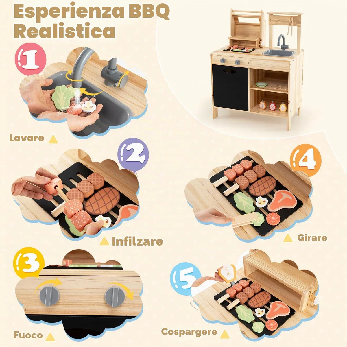 HOMASIS Cucina per Bambini da Esterno, Cucinetta da Gioco con Griglia, Lavagna e Lavello, Cucina Giocattolo con 27 Accessori per Bambini dai 3+ Anni in su, Naturale