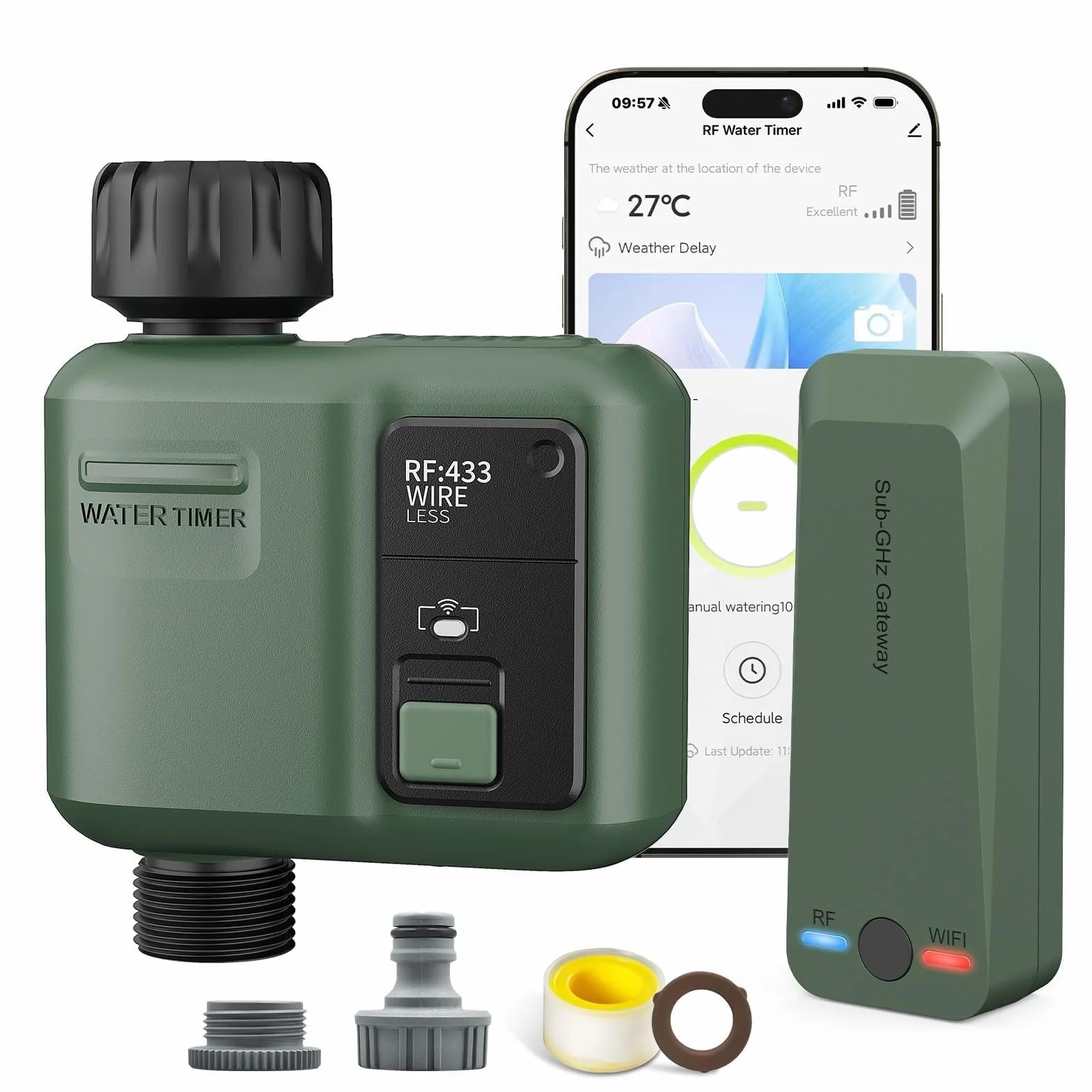 Sistema di Irrigazione Intelligente RF433 e WIFI Automatica 1 Vie Timer Irrigazione a Batteria da Esterno per Giardino Prato Orto