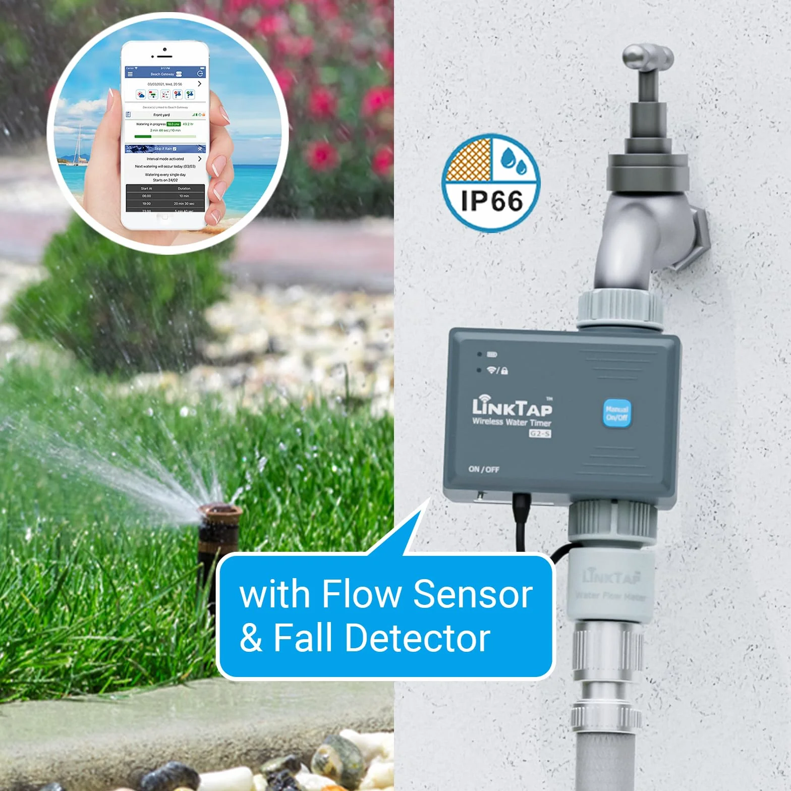 LinkTap G2S Programmatore Irrigazione e Gateway, Batteria 2 Anni, Antigelo | Irrigazione per Volume/Durata/Meteo, Rilevamento Guasti & Perdite, Imposta e Dimentica, Portata Superiore al Wi-Fi, IP66
