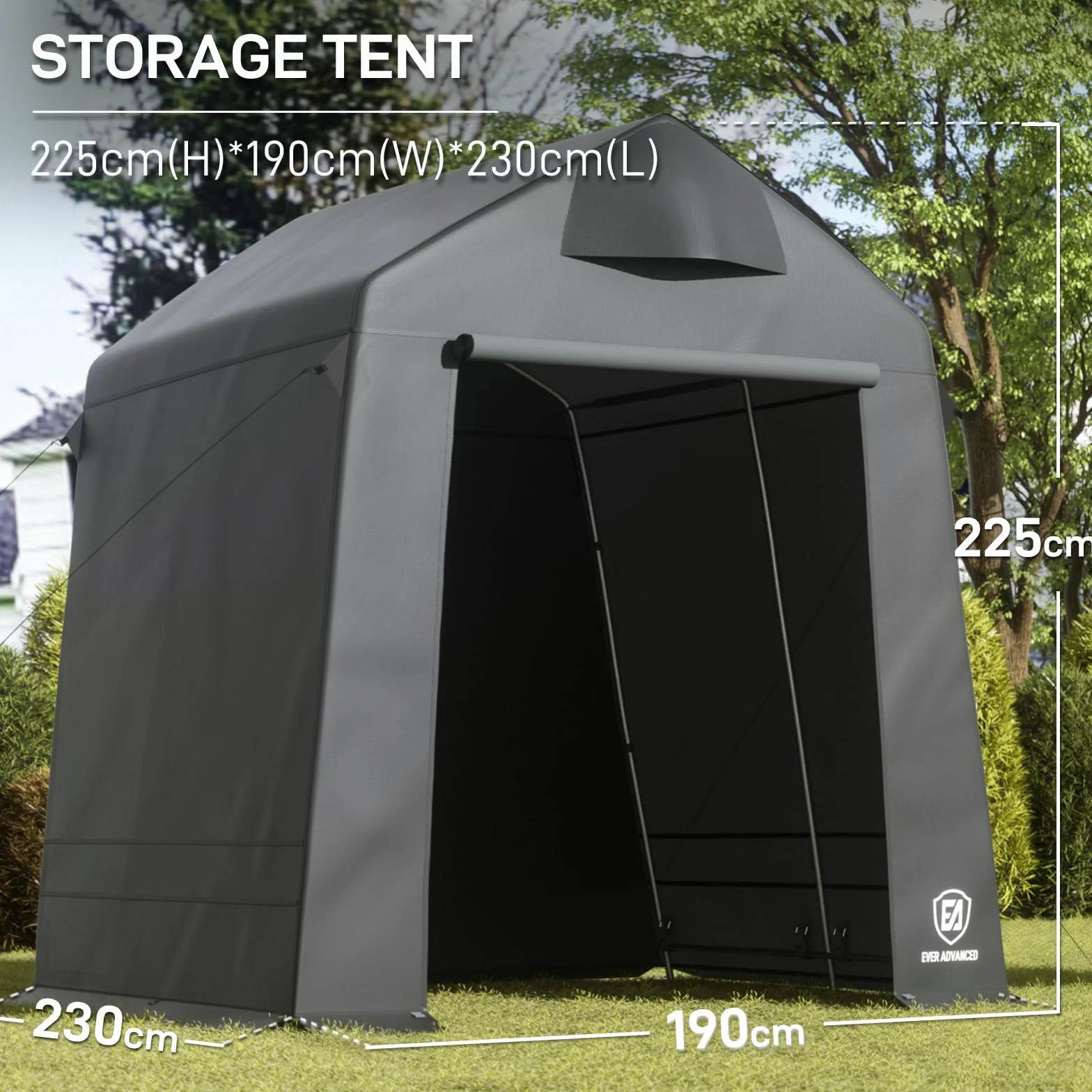 EVER ADVANCED Capanno per Attrezzi 9,8m³ Tenda per Bicicletta 190x230x225cm, Tenda per Attrezzi Impermeabile con 2 Aperture di Ventilazione, Garage per Biciclette Multiuso, Grigio