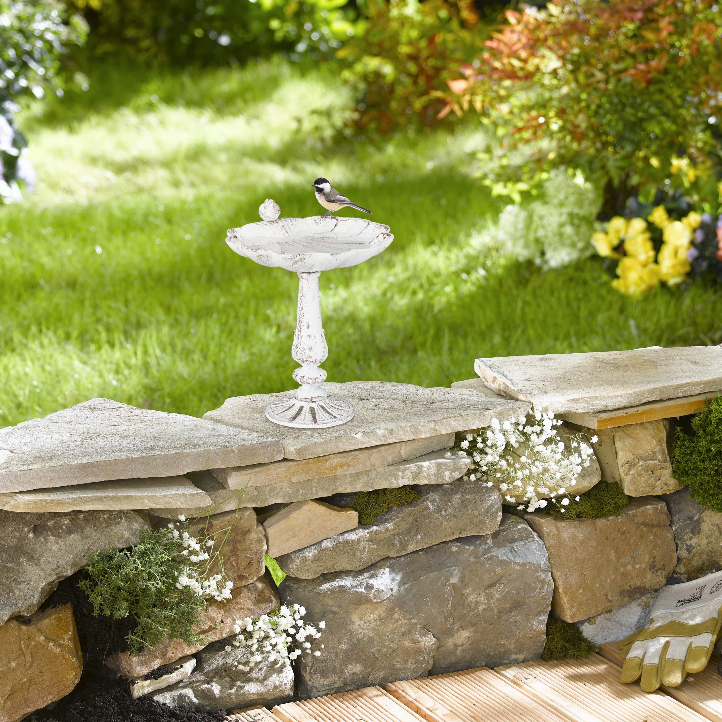 Relaxdays Abbeveratoio, Vaschetta per Uccellini da Terra, Decorazione da Giardino, Accessori per Uccelli, Deco, Bianco