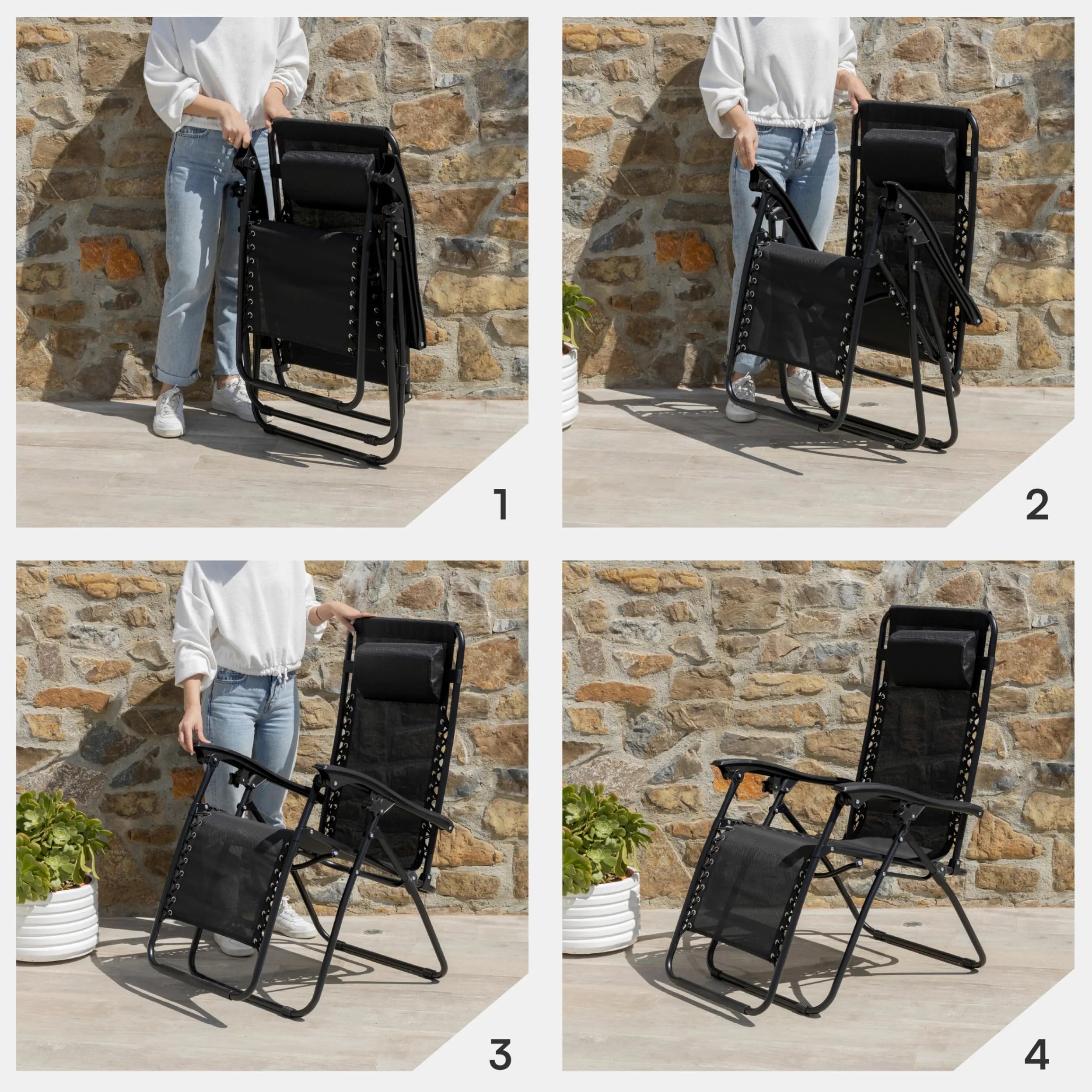 Baroni Home Sedia Sdraio Zero Gravity da Giardino, Chaise Longue Pieghevole da Esterno, Sdraio Salvaspazio per Piscina e Terrazzo, Poltrona Relax, 165x65x93 cm Nero