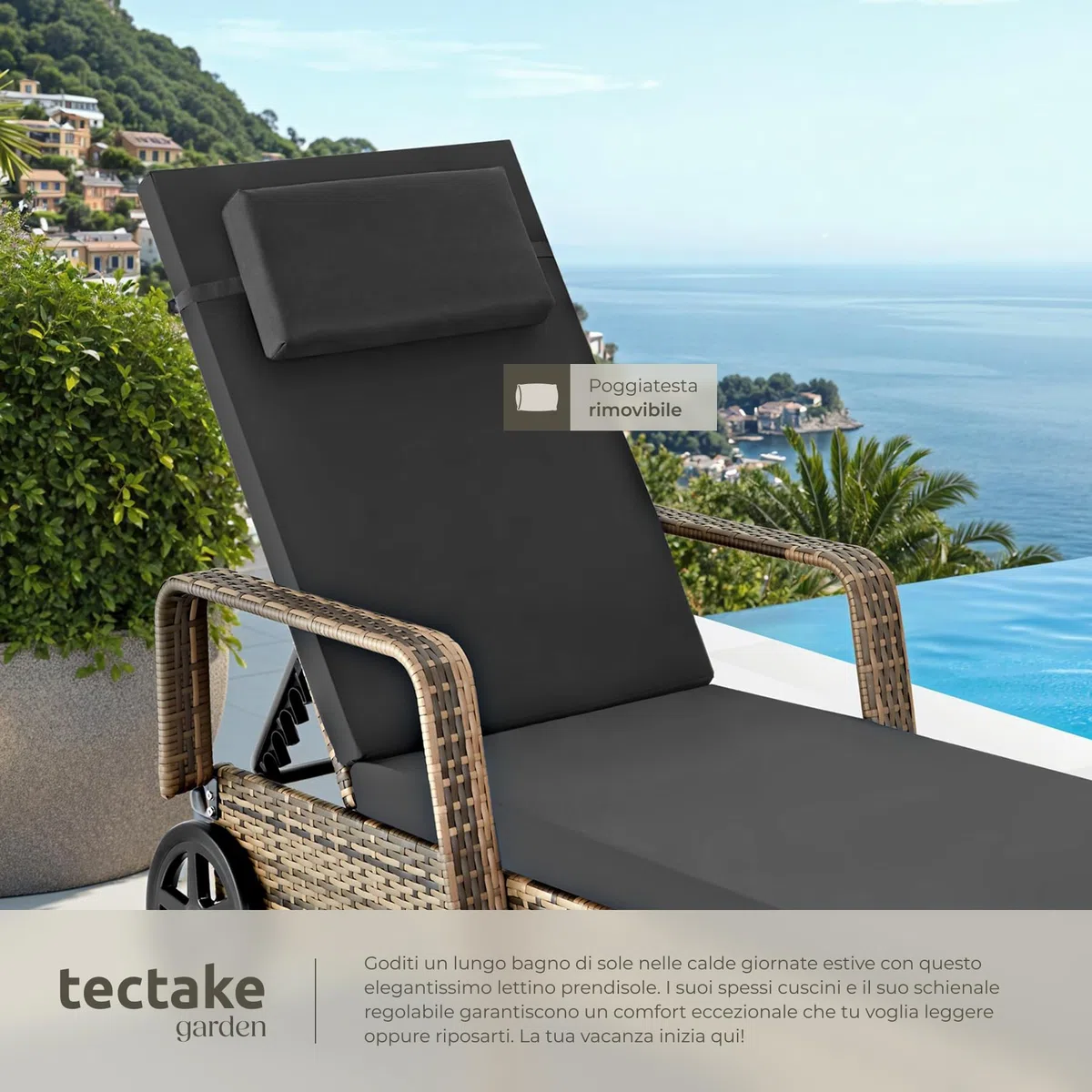 “tectake® Poly Rattan Sun Bed, Outdoor Garden Furniture, Sun Loungers, Garden Chairs, Terrace, Balcony, Pool Chairs, Rubberized Wheels, Interior Furniture, Sofa Chair - Natural/Dark Gray